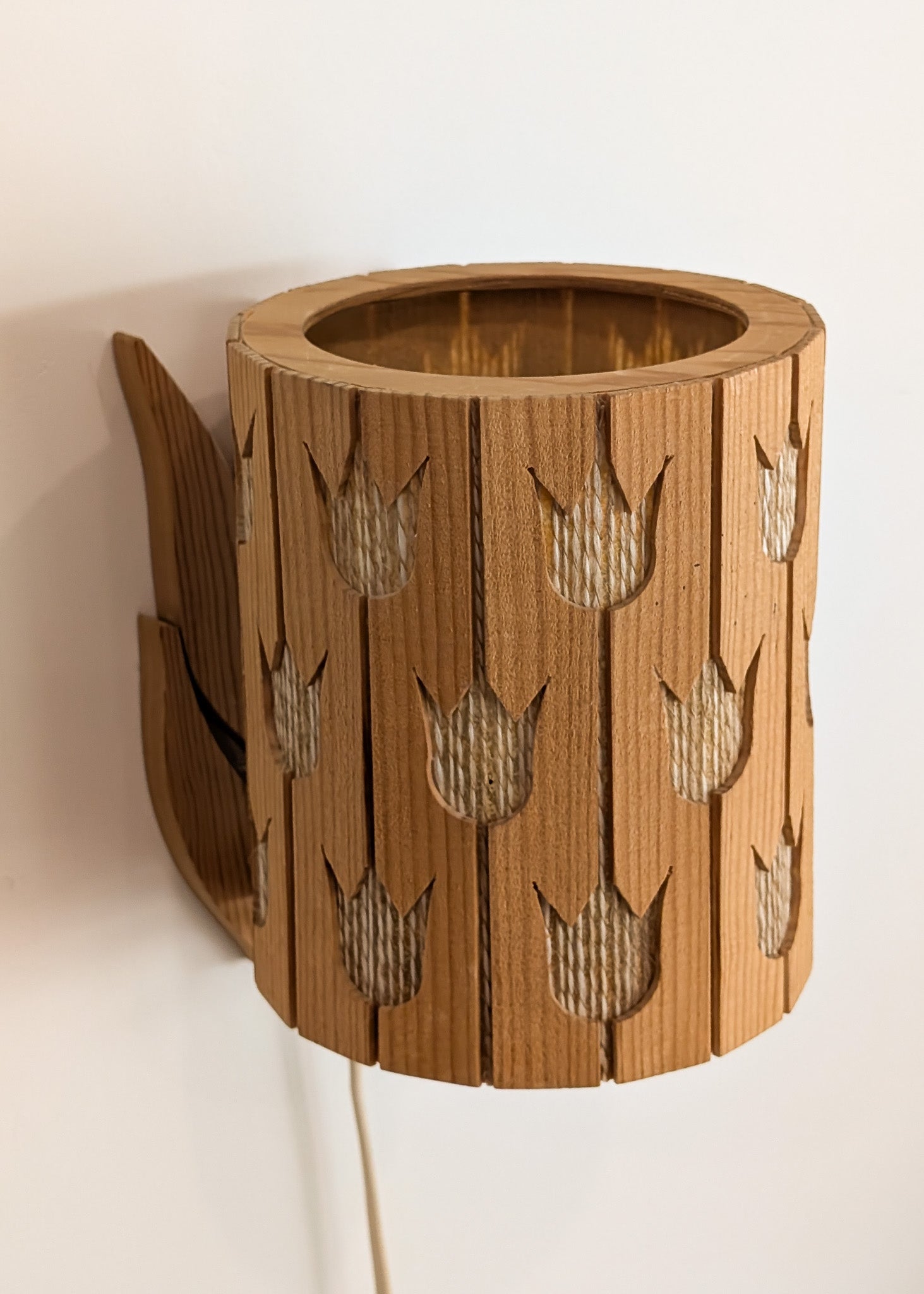 Vintage Swedish Pine and String Wall Sconce with Tulip Cutouts