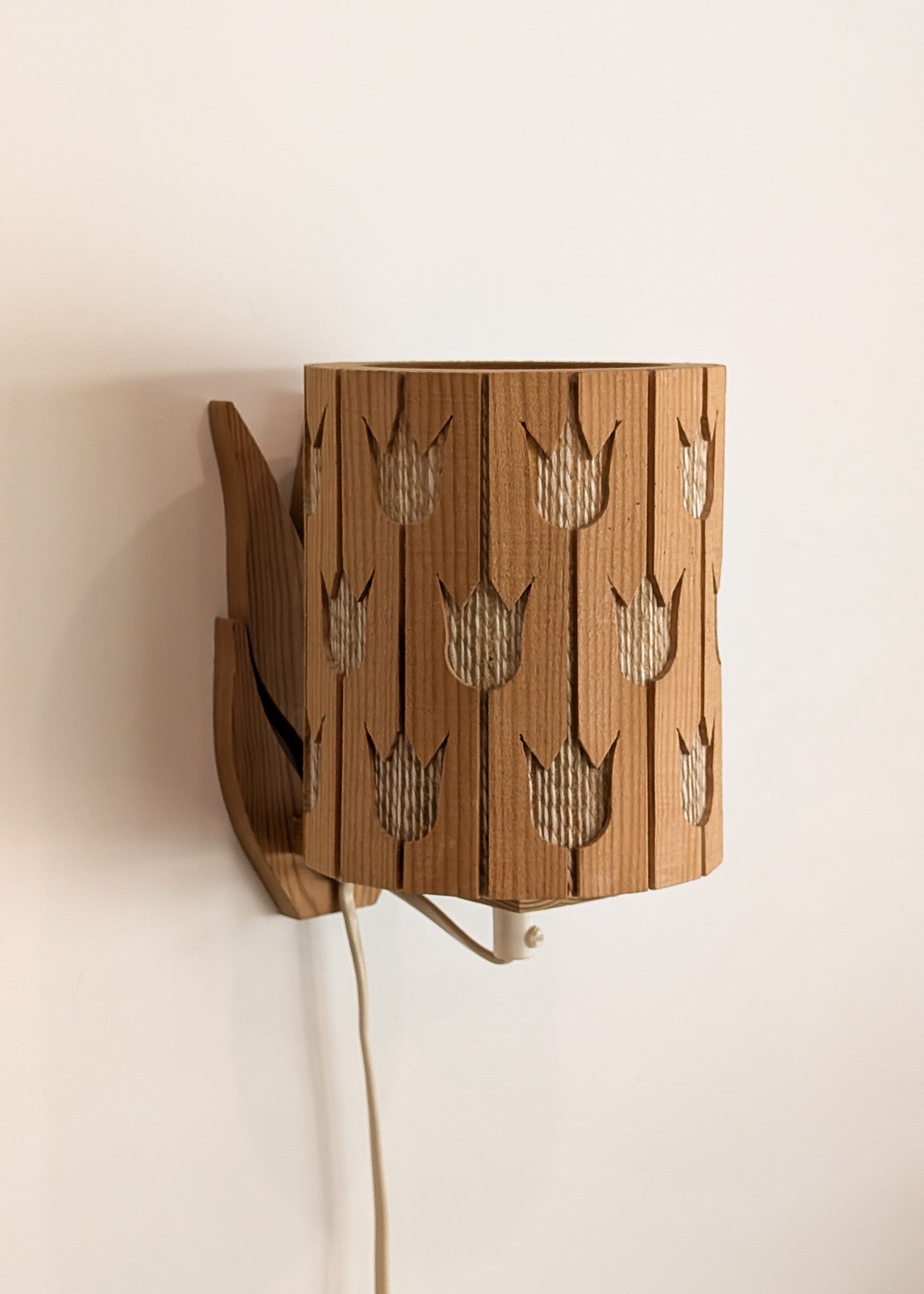 Vintage Swedish Pine and String Wall Sconce with Tulip Cutouts