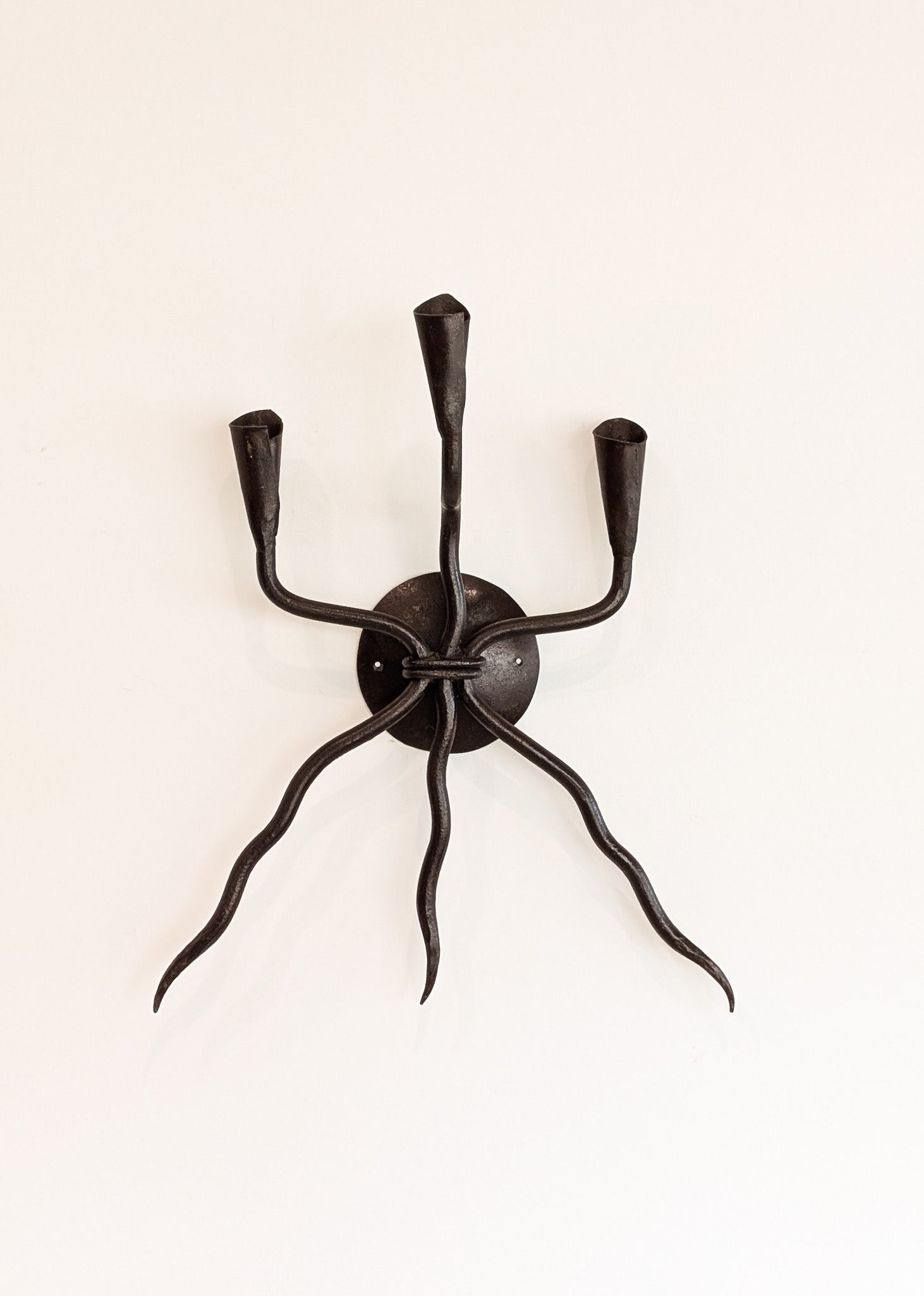 Vintage Wrought Iron Brutalist Gothic Candelabra Wall Sconce