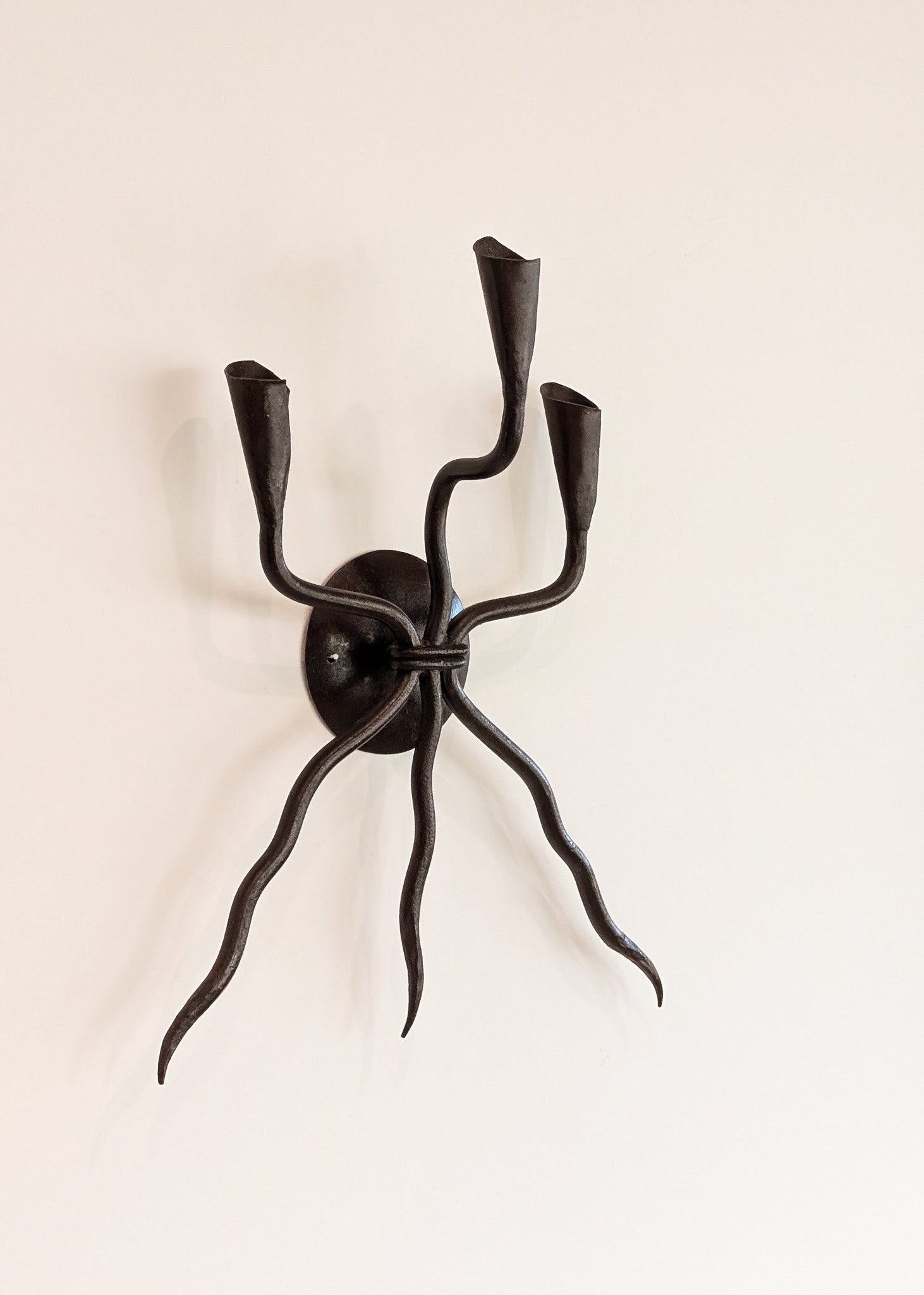 Vintage Wrought Iron Brutalist Gothic Candelabra Wall Sconce