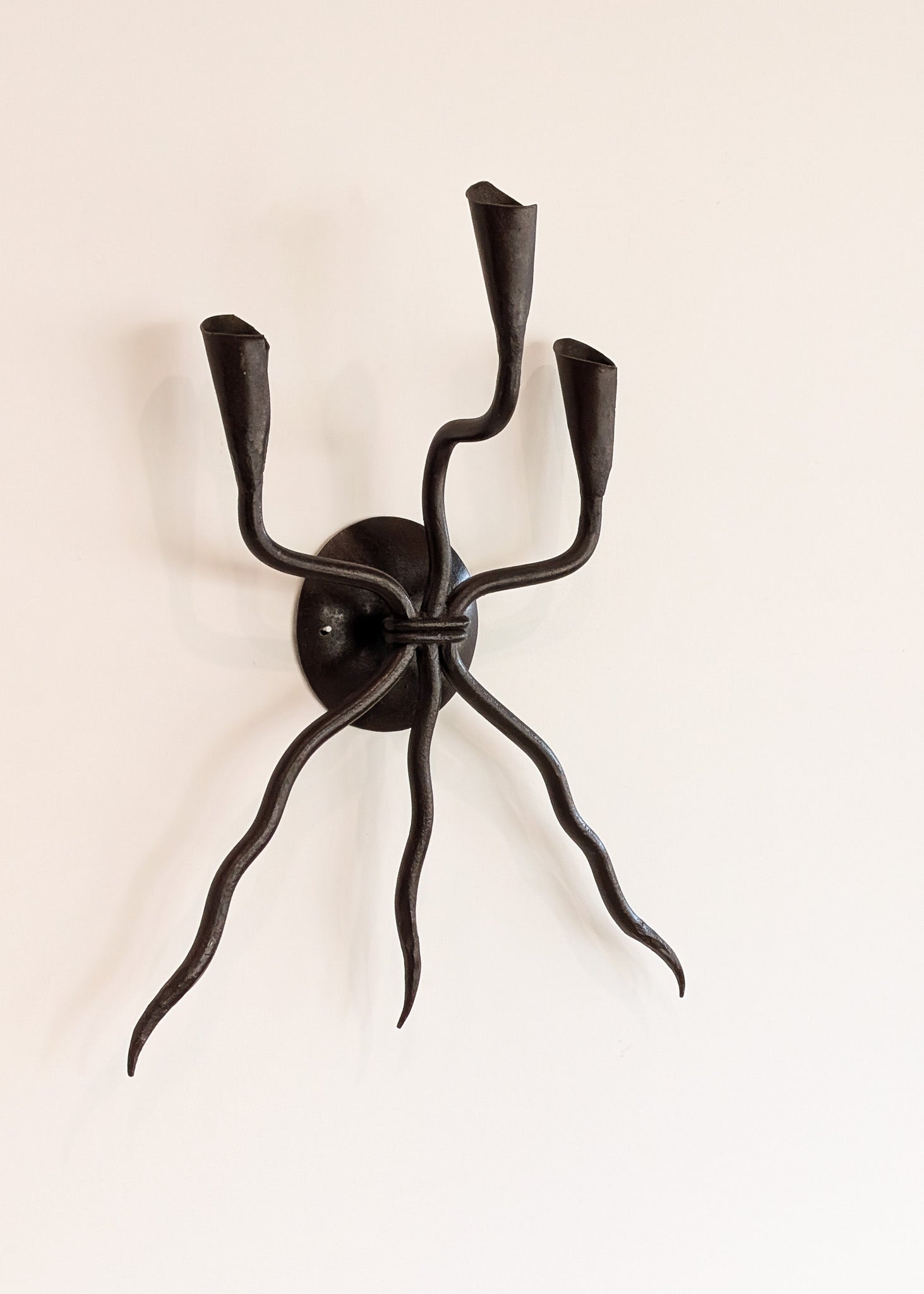 Vintage Wrought Iron Brutalist Gothic Candelabra Wall Sconce