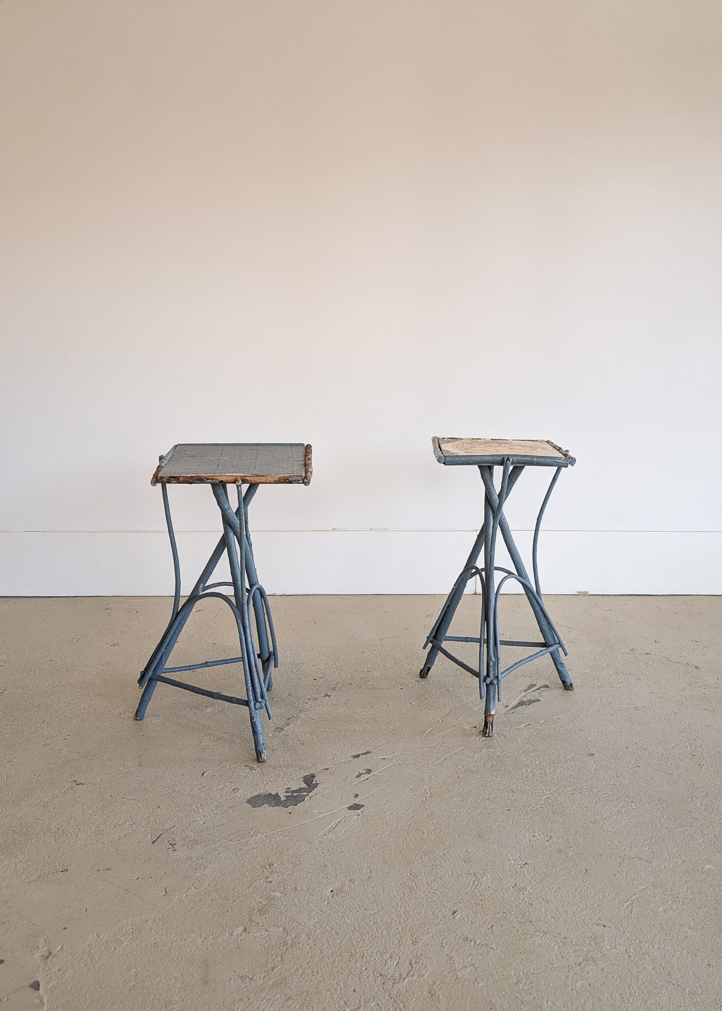 Pair of Vintage Blue Primitive Folk Art Adirondack Twig Side Tables