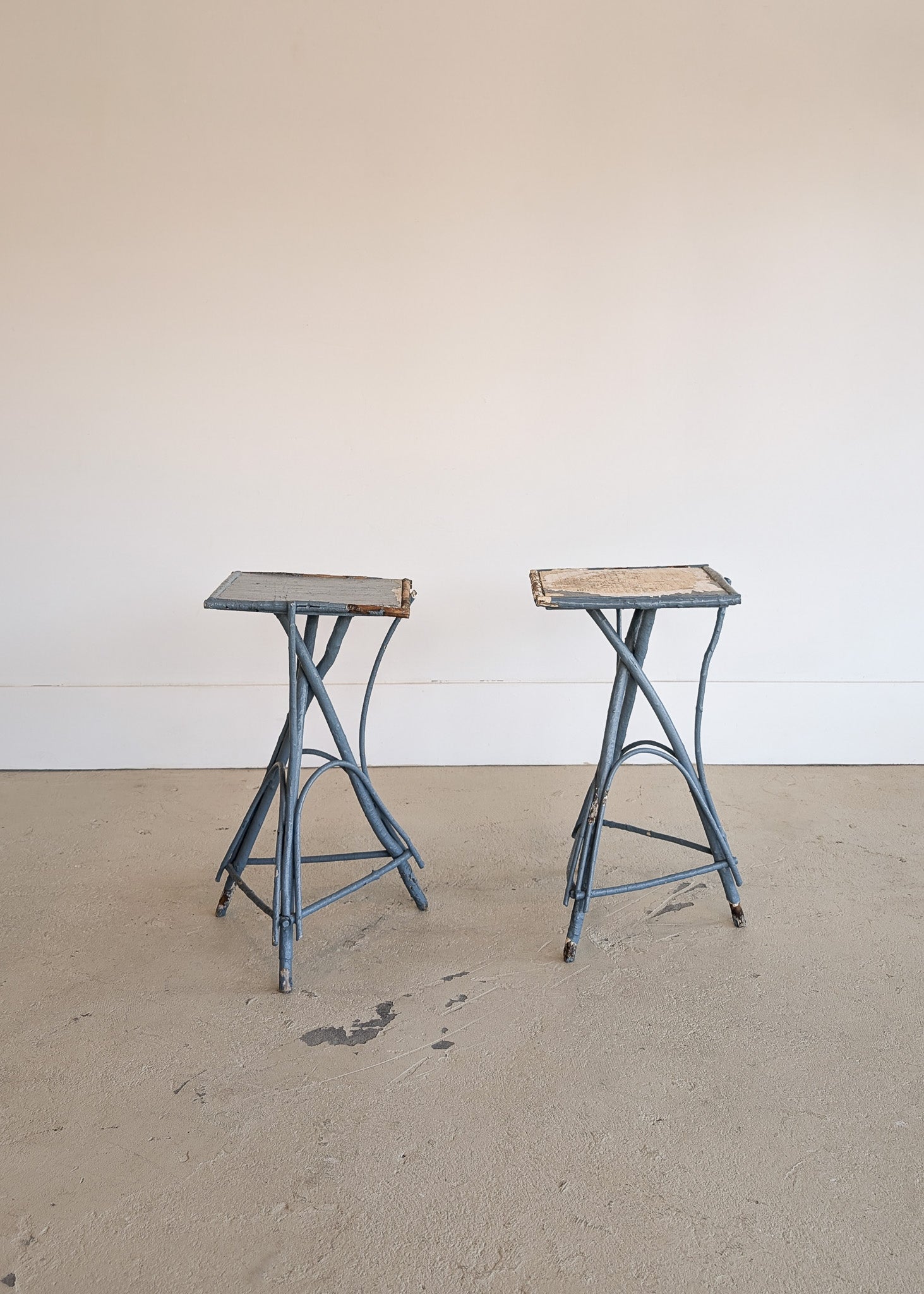 Pair of Vintage Blue Primitive Folk Art Adirondack Twig Side Tables