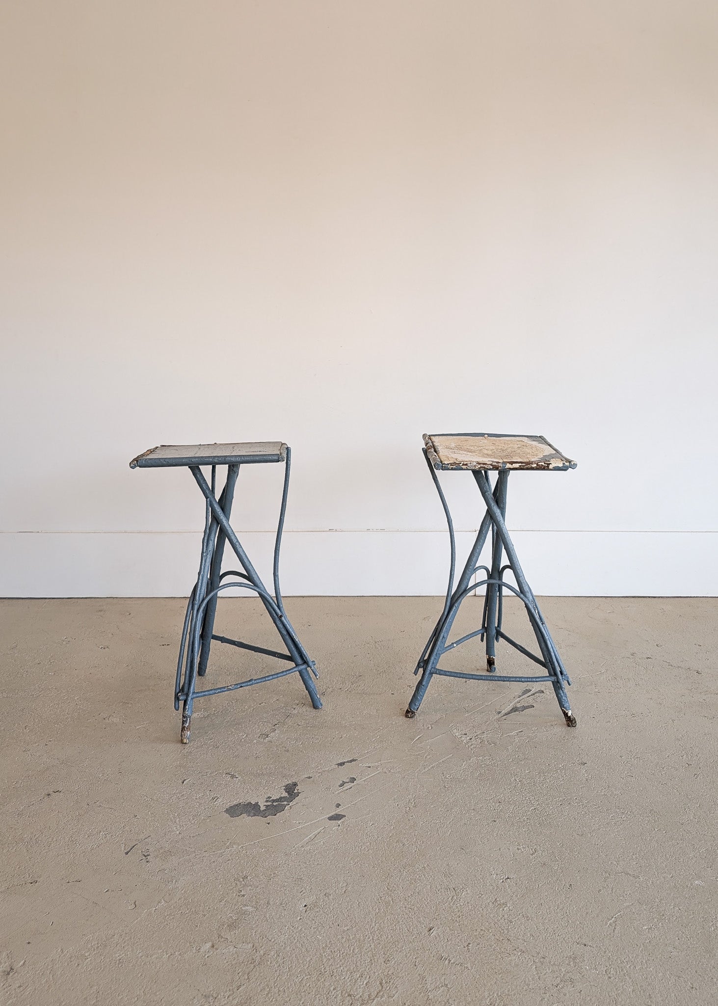 Pair of Vintage Blue Primitive Folk Art Adirondack Twig Side Tables