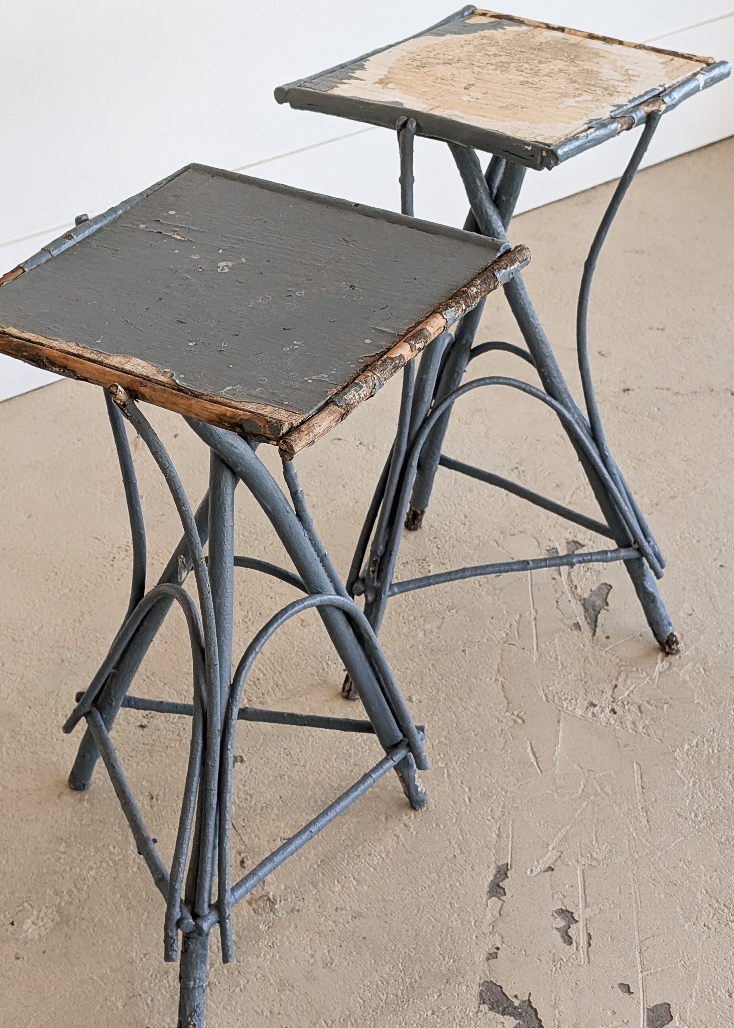 Pair of Vintage Blue Primitive Folk Art Adirondack Twig Side Tables