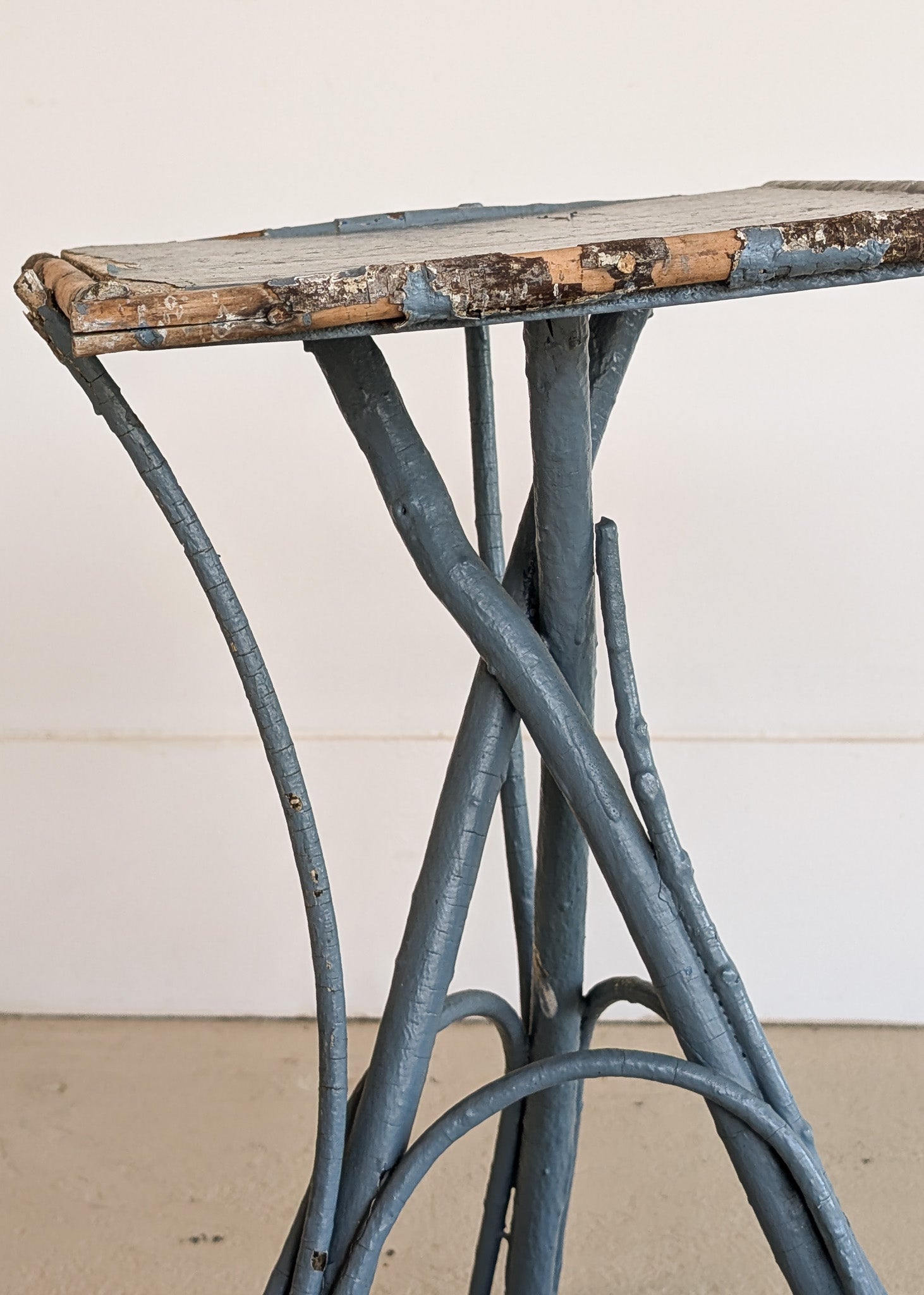 Pair of Vintage Blue Primitive Folk Art Adirondack Twig Side Tables