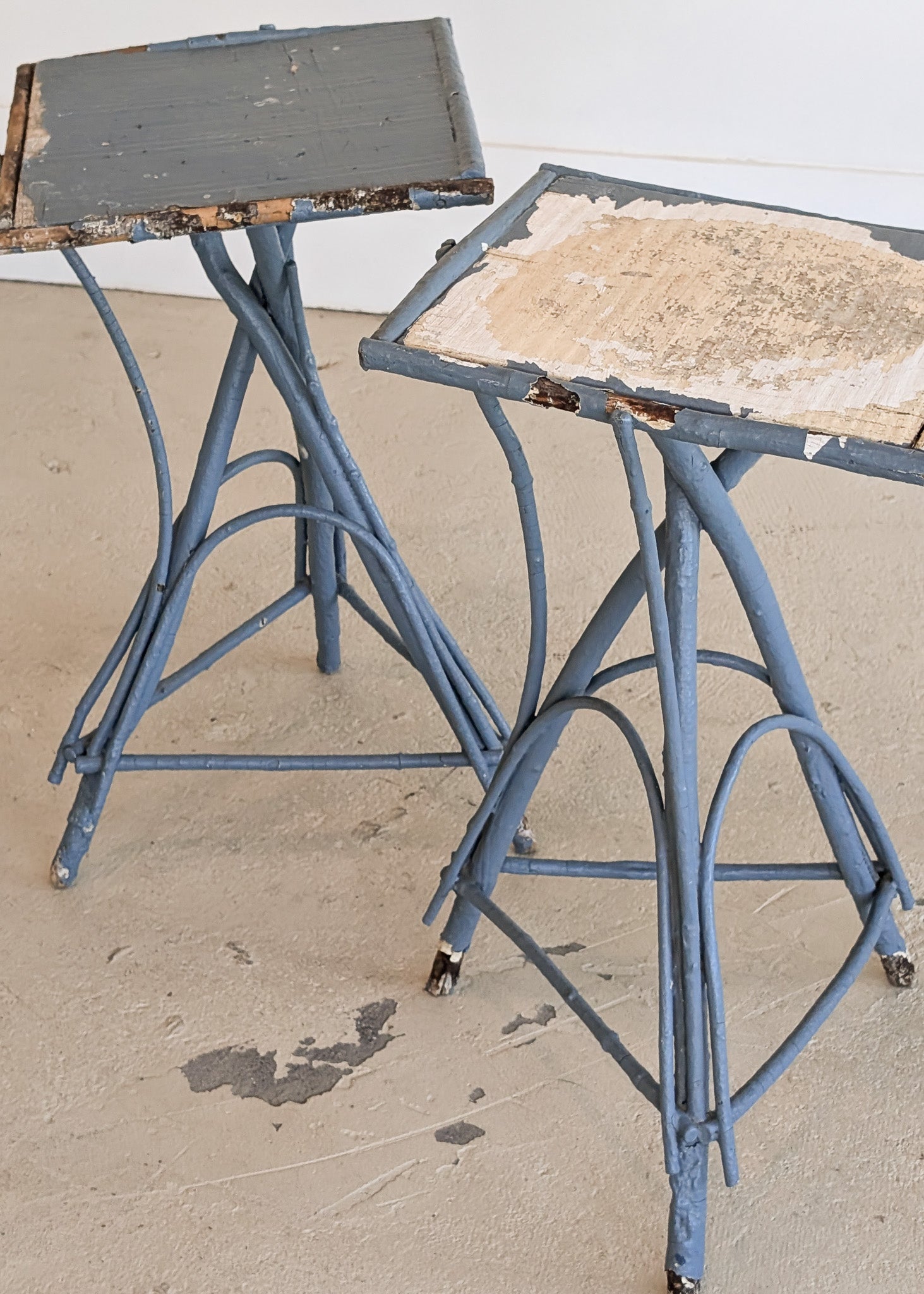 Pair of Vintage Blue Primitive Folk Art Adirondack Twig Side Tables