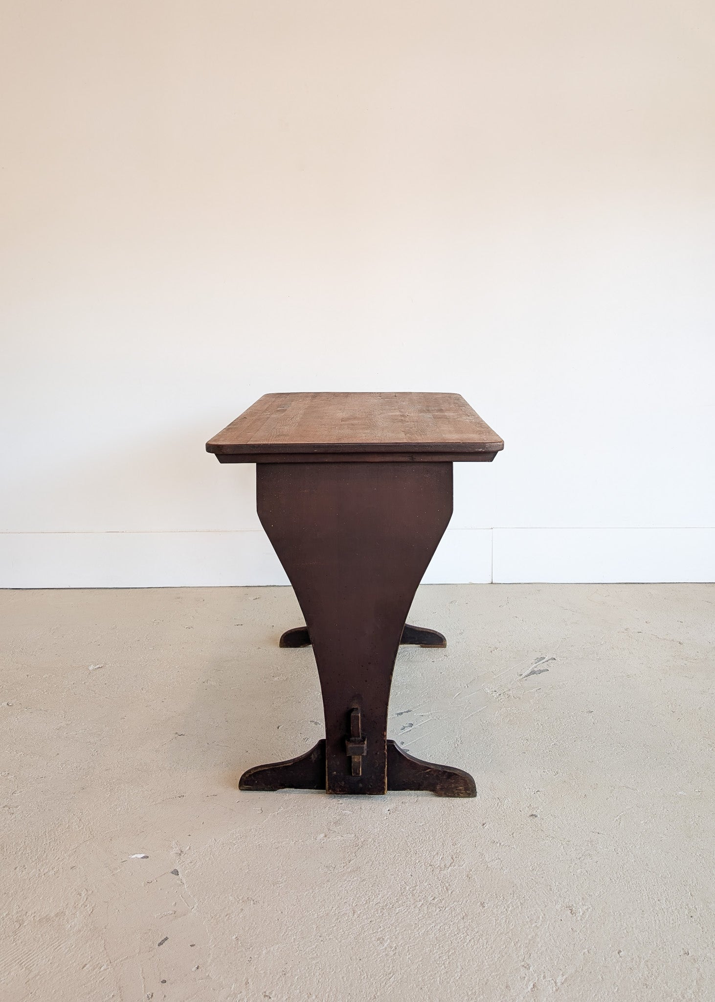 Late 1800s Primitive Pennsylvania Dutch Wooden Trestle Table with Original Red Wash Paint and Mortise and Tenon Construction