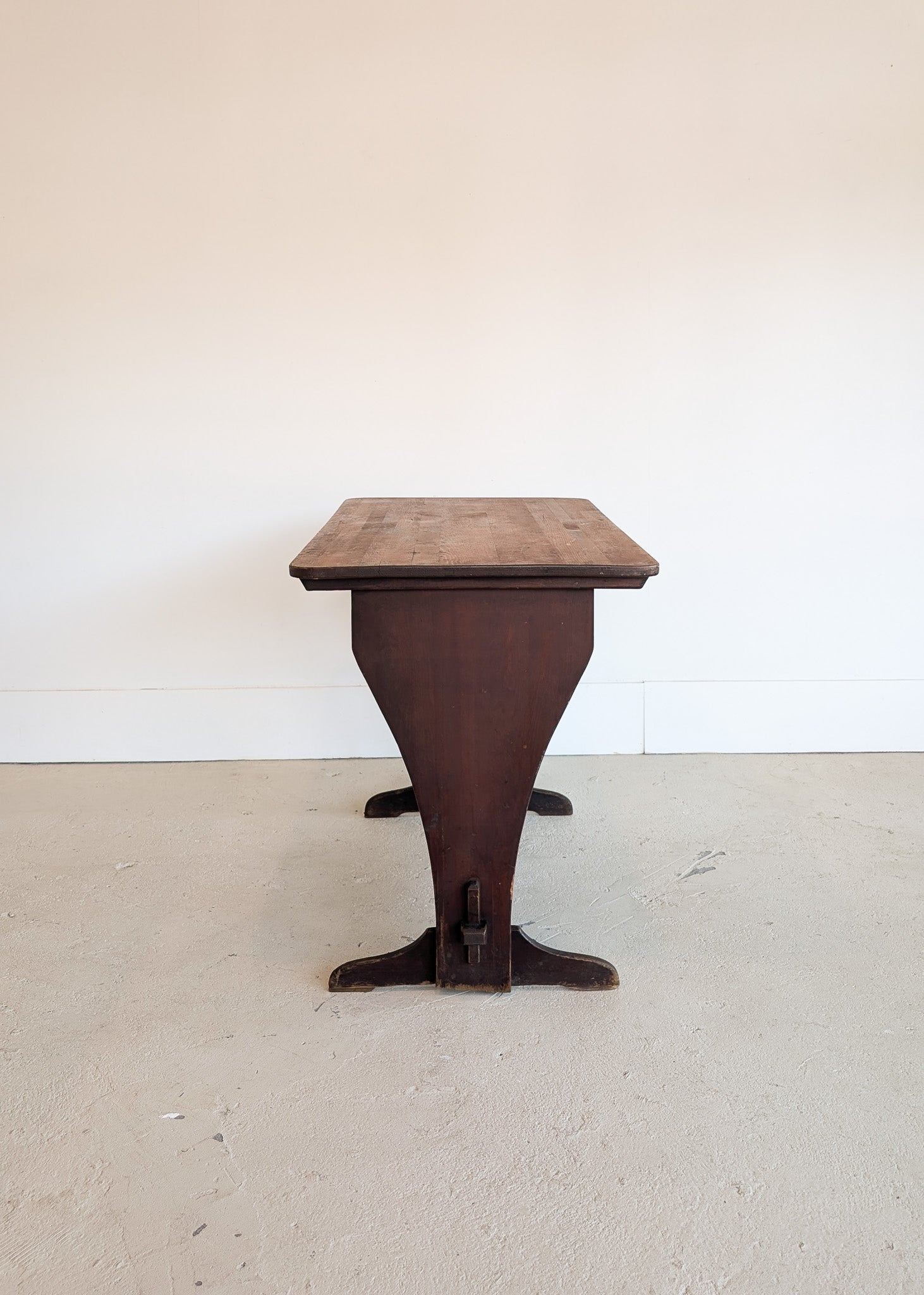Late 1800s Primitive Pennsylvania Dutch Wooden Trestle Table with Original Red Wash Paint and Mortise and Tenon Construction