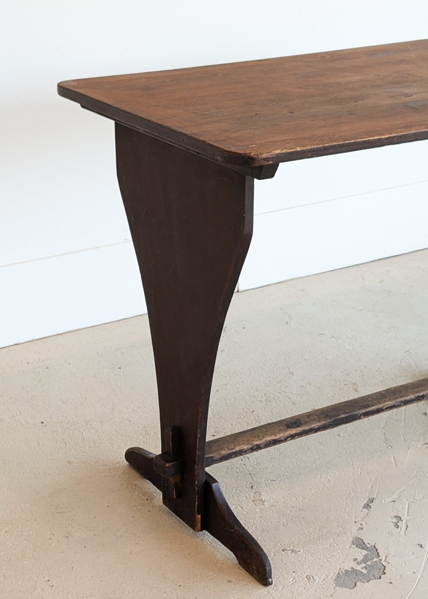Late 1800s Primitive Pennsylvania Dutch Wooden Trestle Table with Original Red Wash Paint and Mortise and Tenon Construction