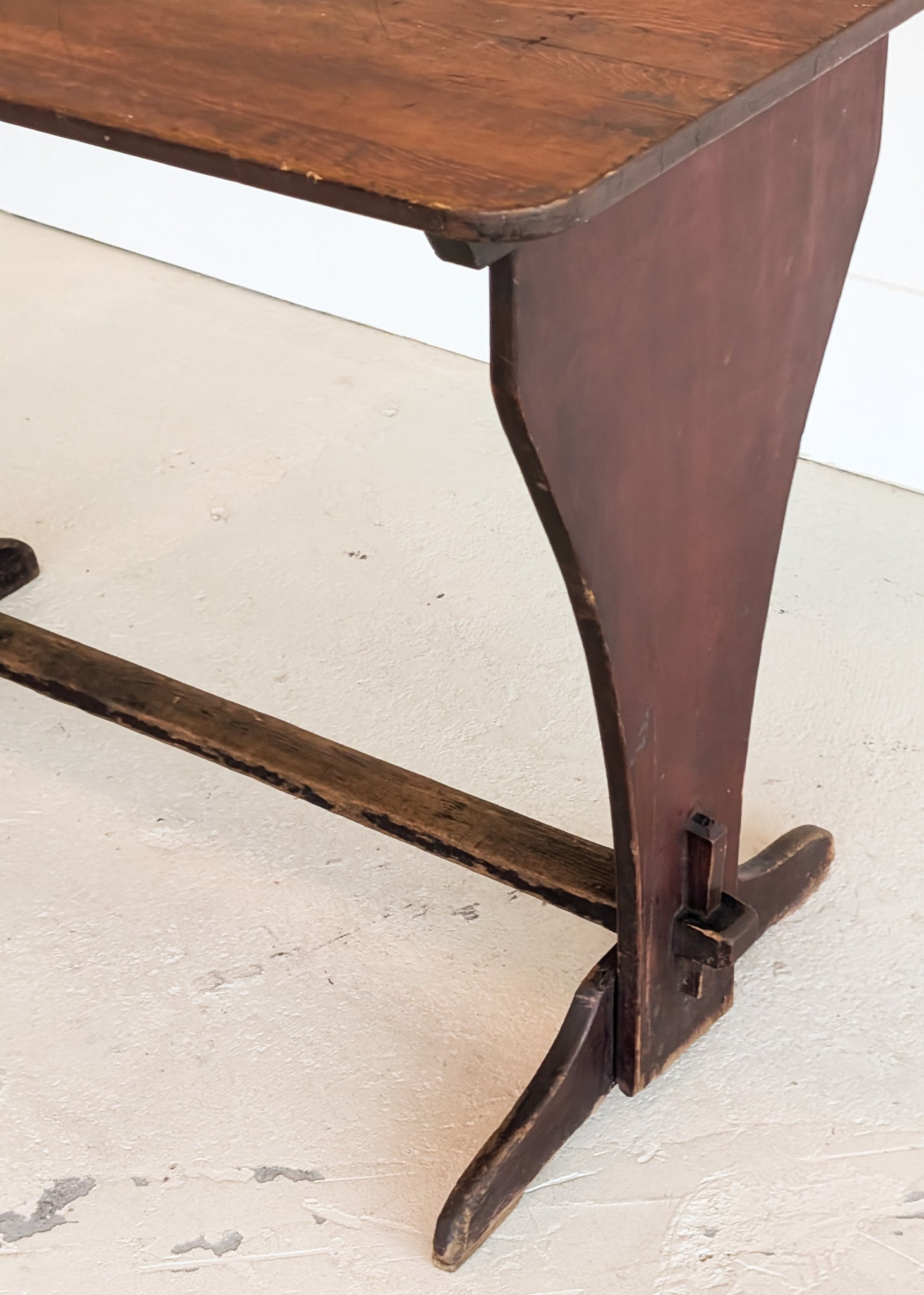Late 1800s Primitive Pennsylvania Dutch Wooden Trestle Table with Original Red Wash Paint and Mortise and Tenon Construction