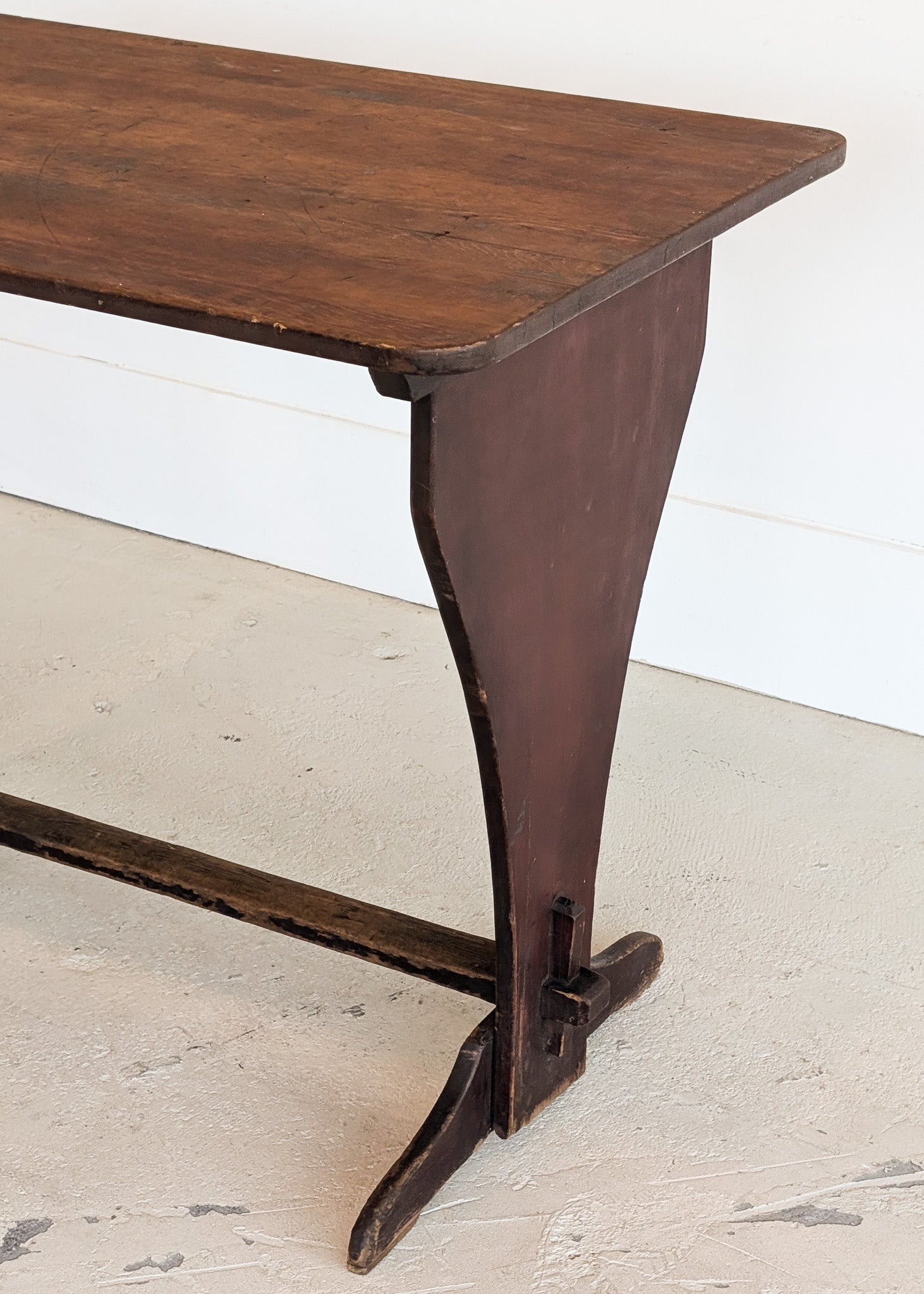 Late 1800s Primitive Pennsylvania Dutch Wooden Trestle Table with Original Red Wash Paint and Mortise and Tenon Construction