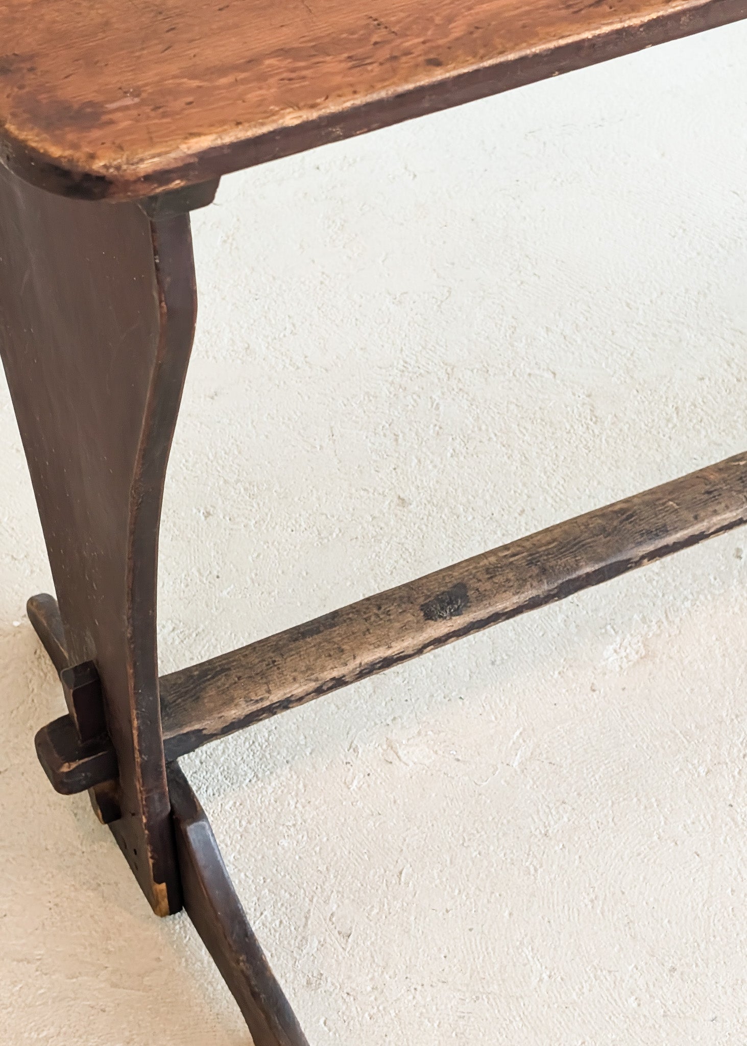 Late 1800s Primitive Pennsylvania Dutch Wooden Trestle Table with Original Red Wash Paint and Mortise and Tenon Construction