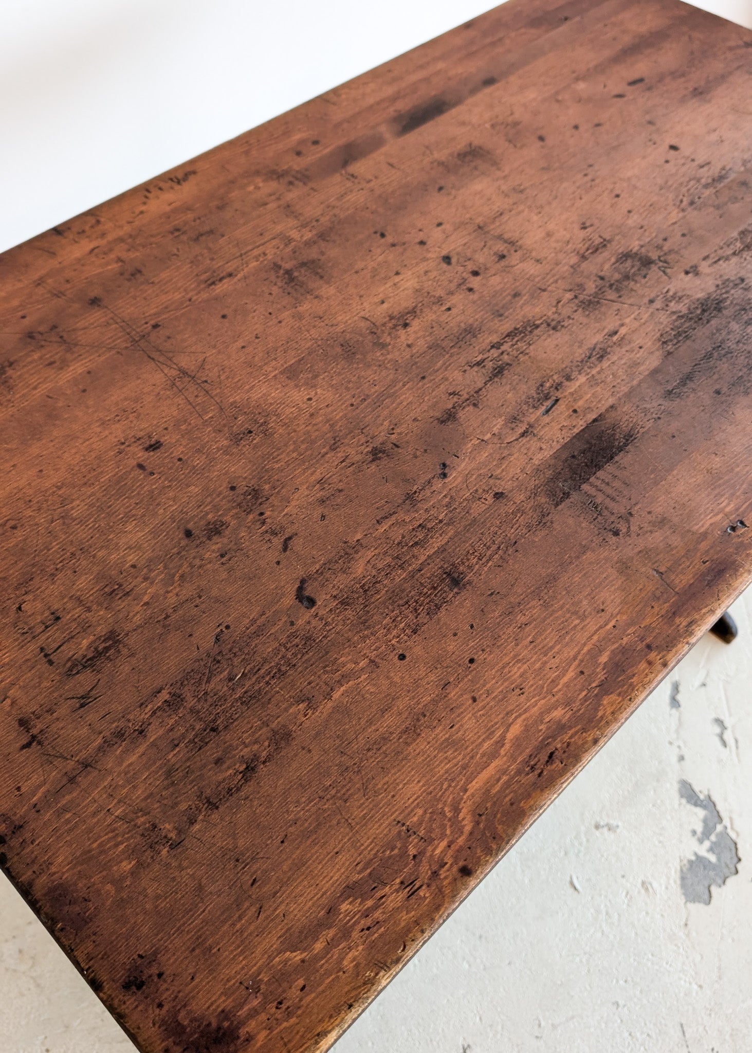 Late 1800s Primitive Pennsylvania Dutch Wooden Trestle Table with Original Red Wash Paint and Mortise and Tenon Construction