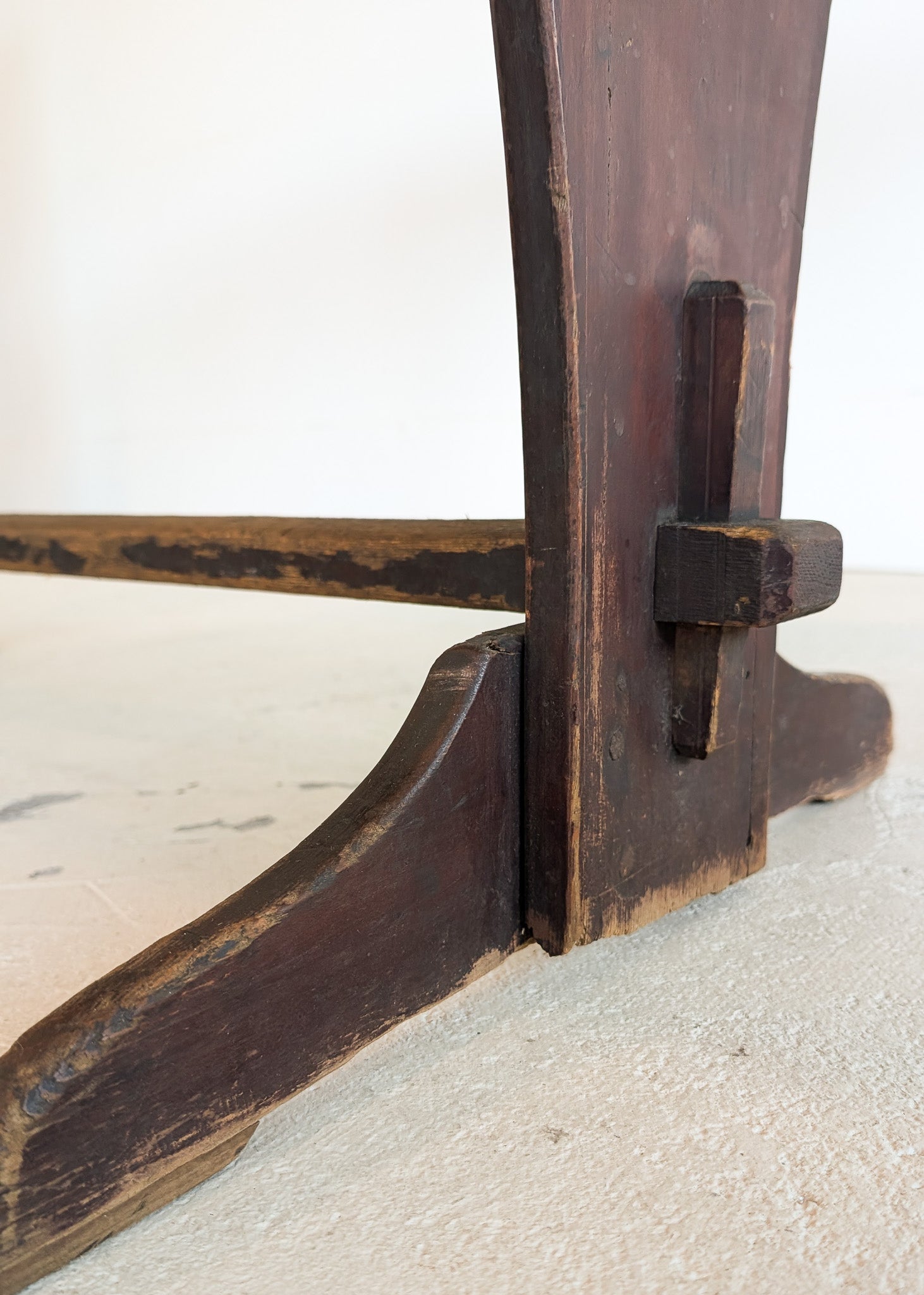 Late 1800s Primitive Pennsylvania Dutch Wooden Trestle Table with Original Red Wash Paint and Mortise and Tenon Construction