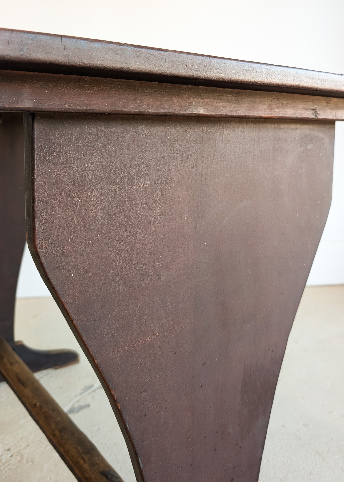 Late 1800s Primitive Pennsylvania Dutch Wooden Trestle Table with Original Red Wash Paint and Mortise and Tenon Construction