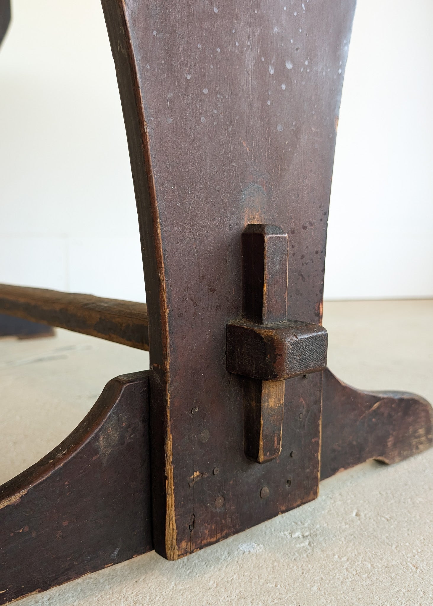 Late 1800s Primitive Pennsylvania Dutch Wooden Trestle Table with Original Red Wash Paint and Mortise and Tenon Construction