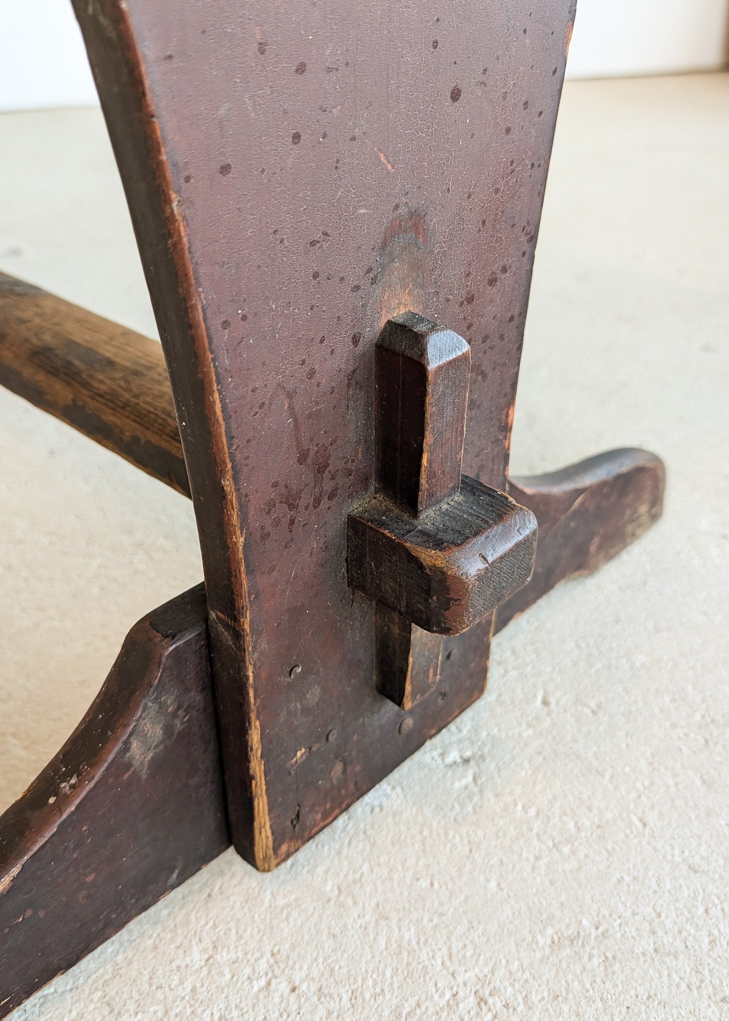 Late 1800s Primitive Pennsylvania Dutch Wooden Trestle Table with Original Red Wash Paint and Mortise and Tenon Construction
