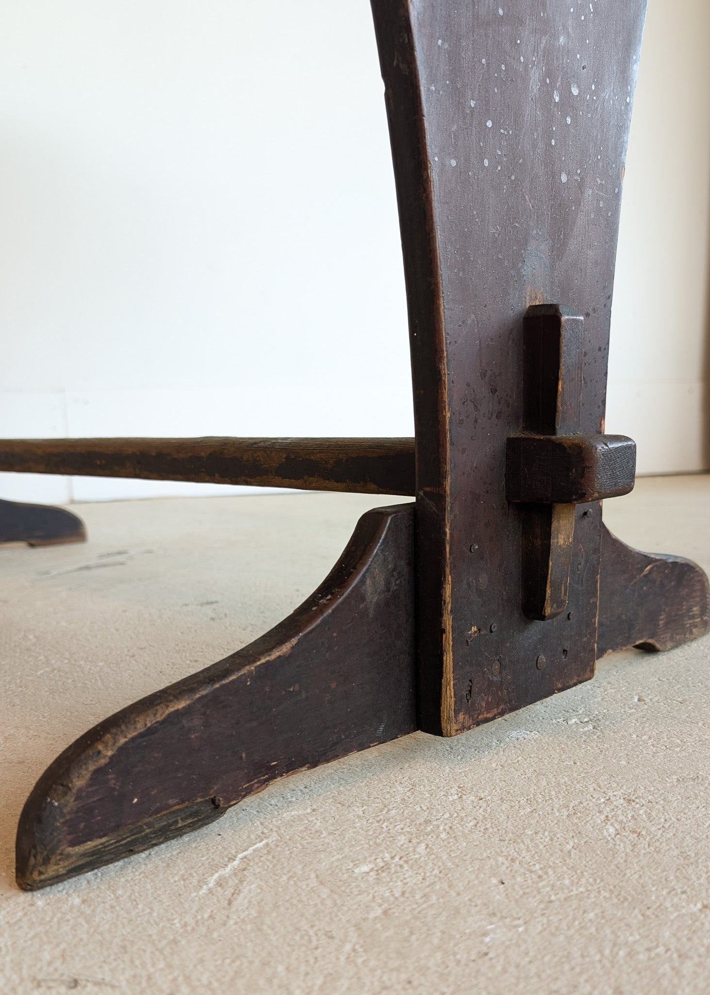 Late 1800s Primitive Pennsylvania Dutch Wooden Trestle Table with Original Red Wash Paint and Mortise and Tenon Construction