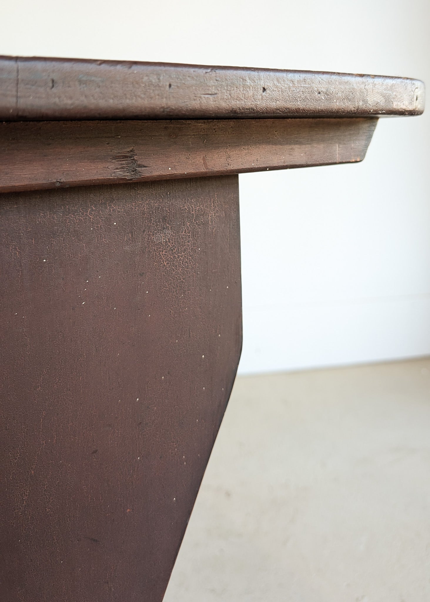 Late 1800s Primitive Pennsylvania Dutch Wooden Trestle Table with Original Red Wash Paint and Mortise and Tenon Construction