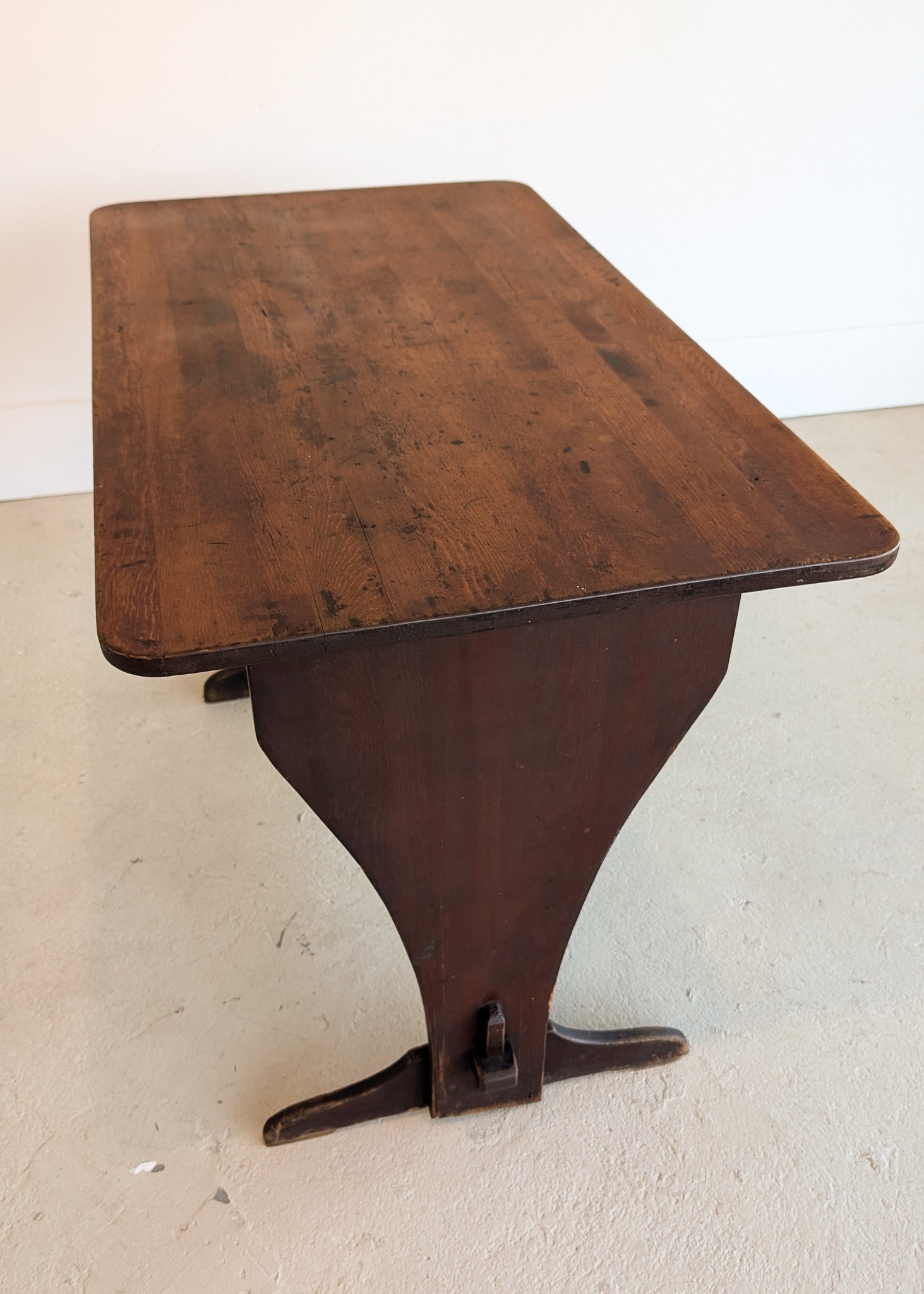 Late 1800s Primitive Pennsylvania Dutch Wooden Trestle Table with Original Red Wash Paint and Mortise and Tenon Construction