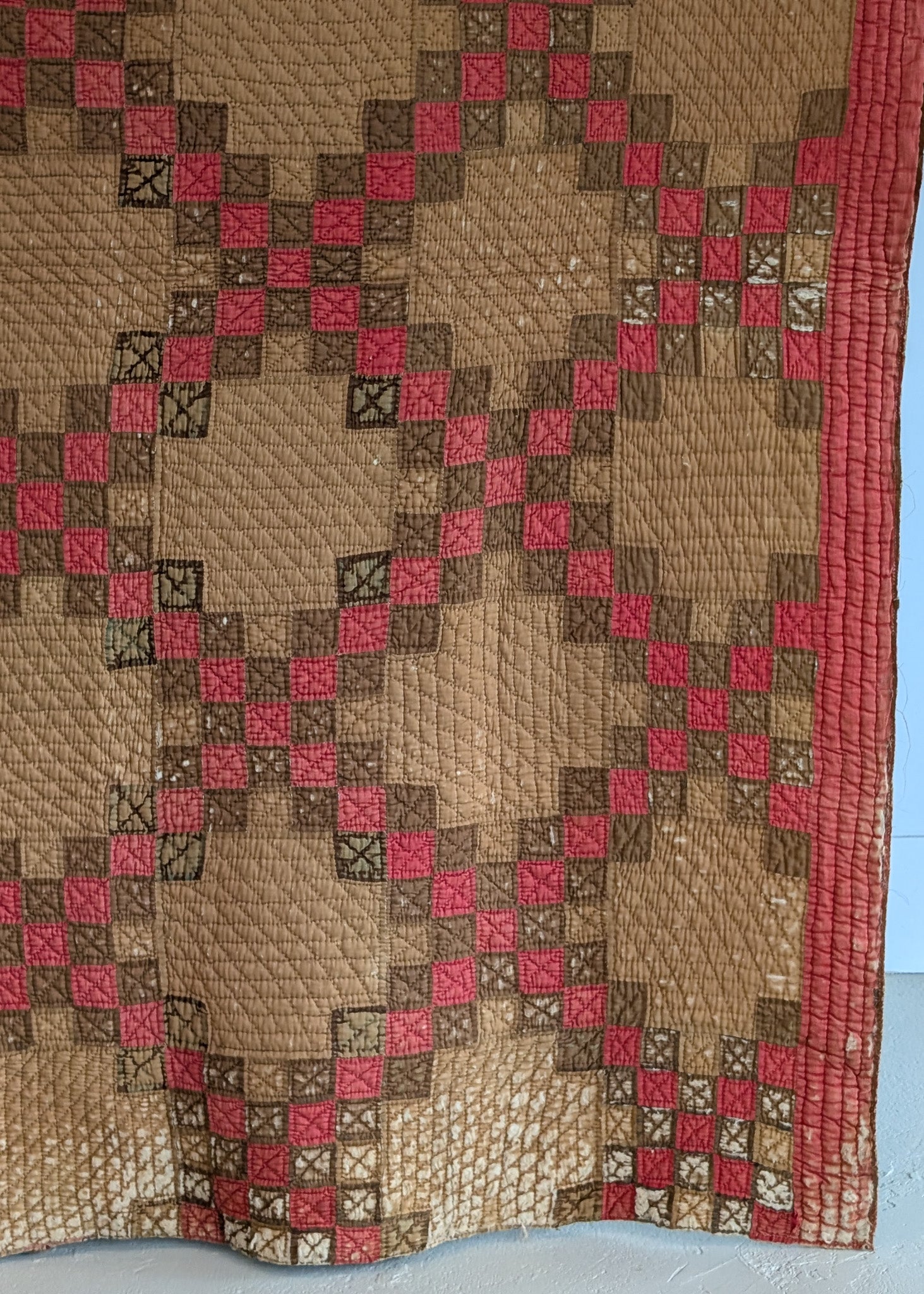 1880s/1890s Antique Brown and Red Double Irish Chain Quilt with Homespun Backing Fabric 86" x 67"