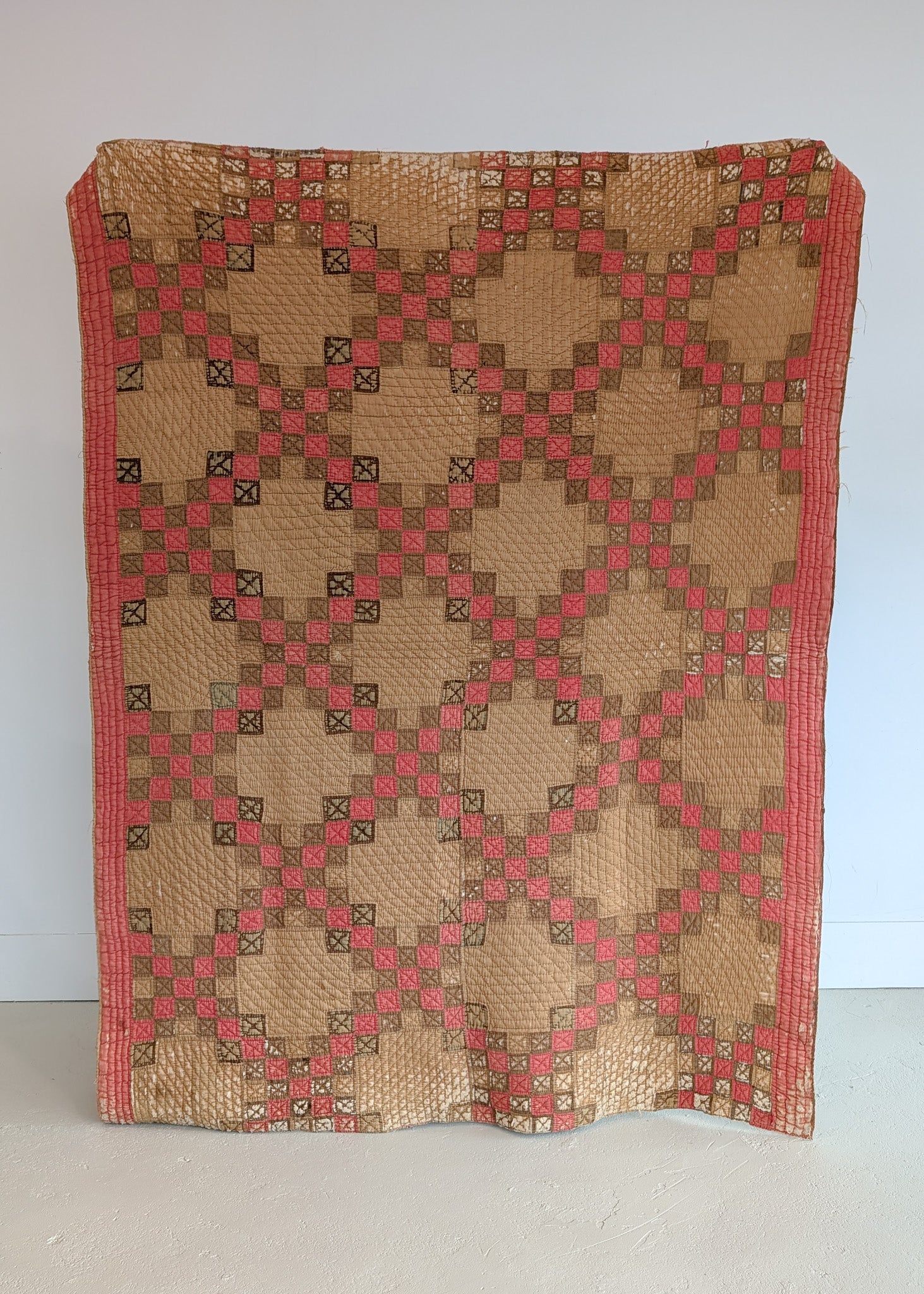 1880s/1890s Antique Brown and Red Double Irish Chain Quilt with Homespun Backing Fabric 86" x 67"