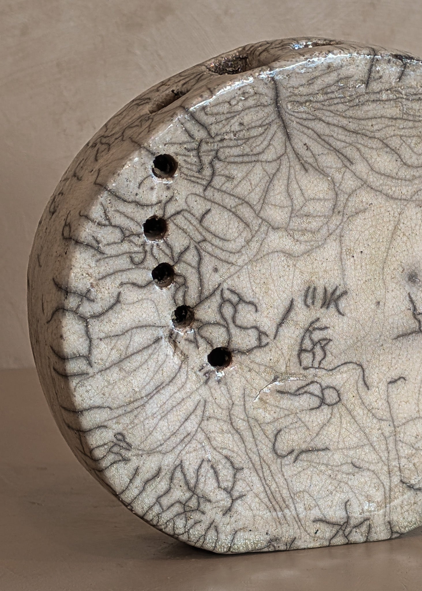 Unique Circular Raku Studio Pottery Slab Vase