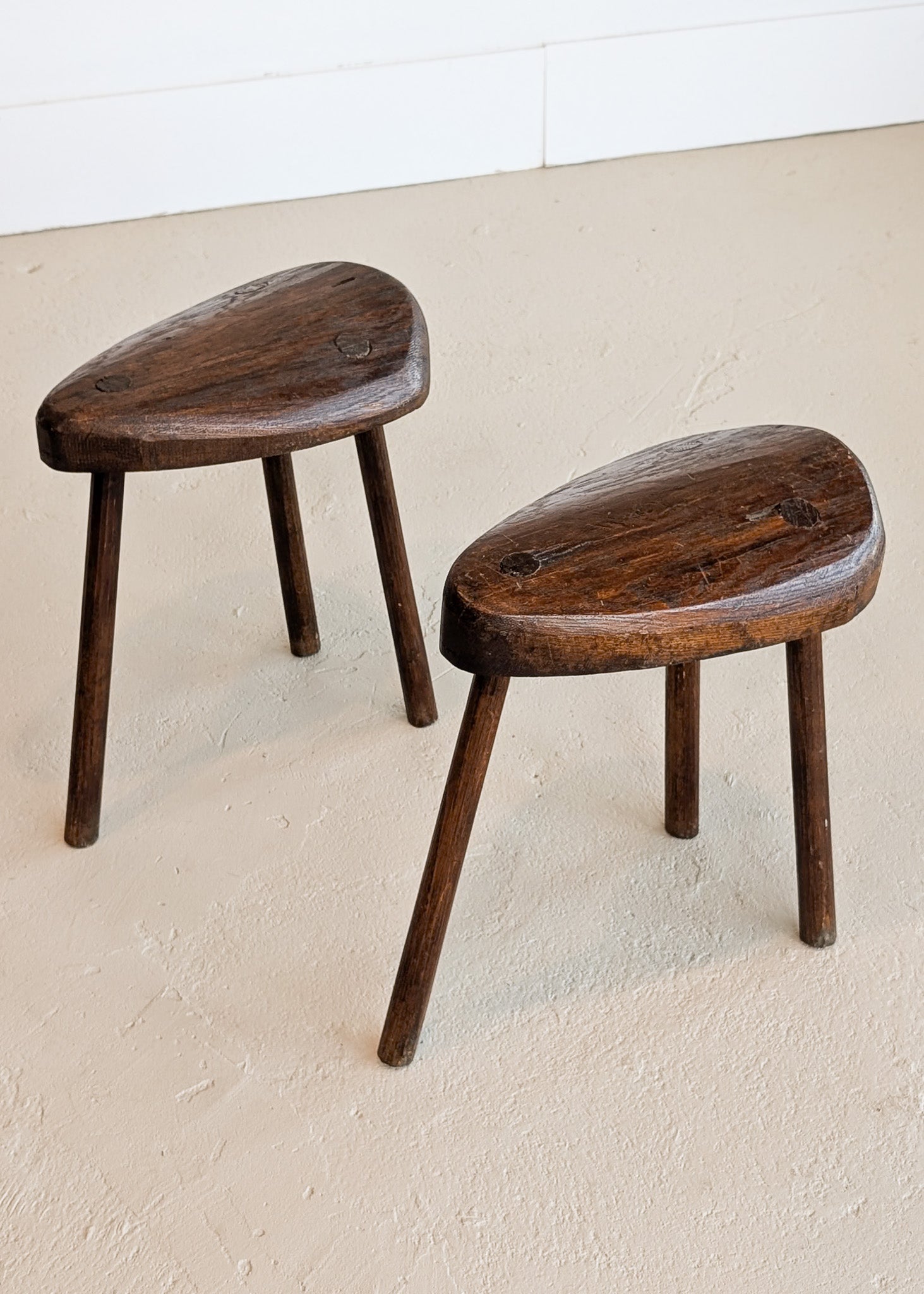 Pair of Midcentury French Wooden Milking Stools with Rounded Edges