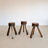 Vintage French Brutalist Three-Legged Chunky Wooden Stool - Sold Individually