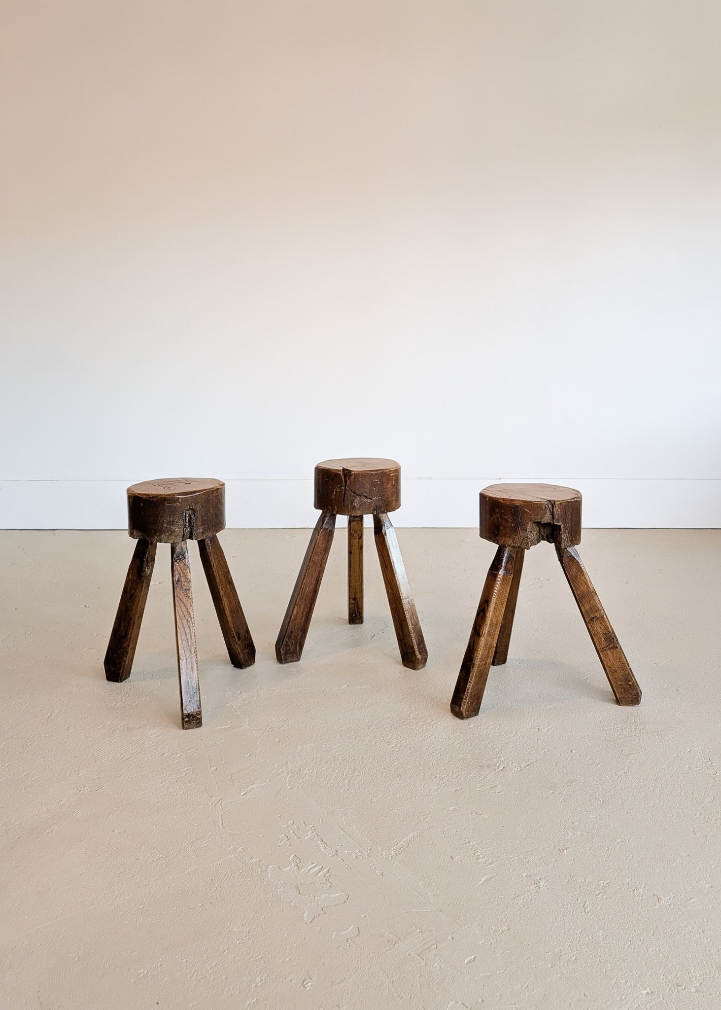 Vintage French Brutalist Three-Legged Chunky Wooden Stool - Sold Individually