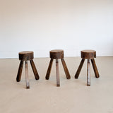 Vintage French Brutalist Three-Legged Chunky Wooden Stool - Sold Individually