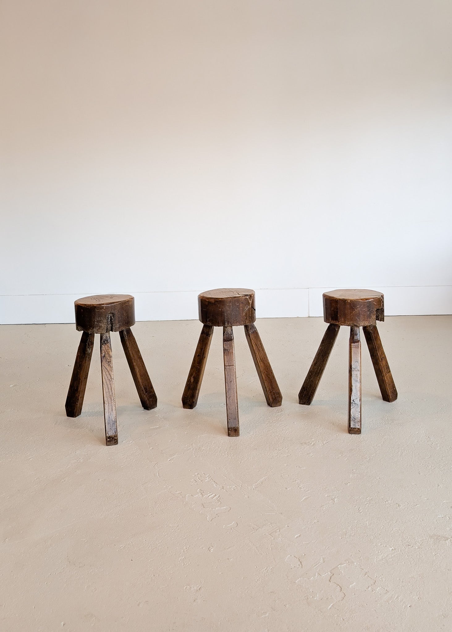 Vintage French Brutalist Three-Legged Chunky Wooden Stool - Sold Individually