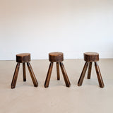 Vintage French Brutalist Three-Legged Chunky Wooden Stool - Sold Individually