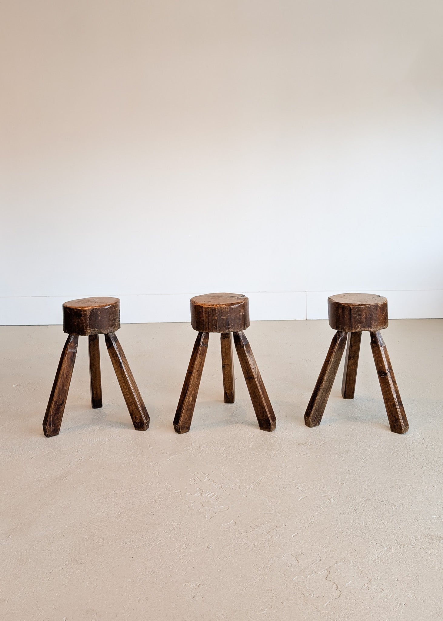 Vintage French Brutalist Three-Legged Chunky Wooden Stool - Sold Individually