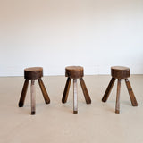 Vintage French Brutalist Three-Legged Chunky Wooden Stool - Sold Individually
