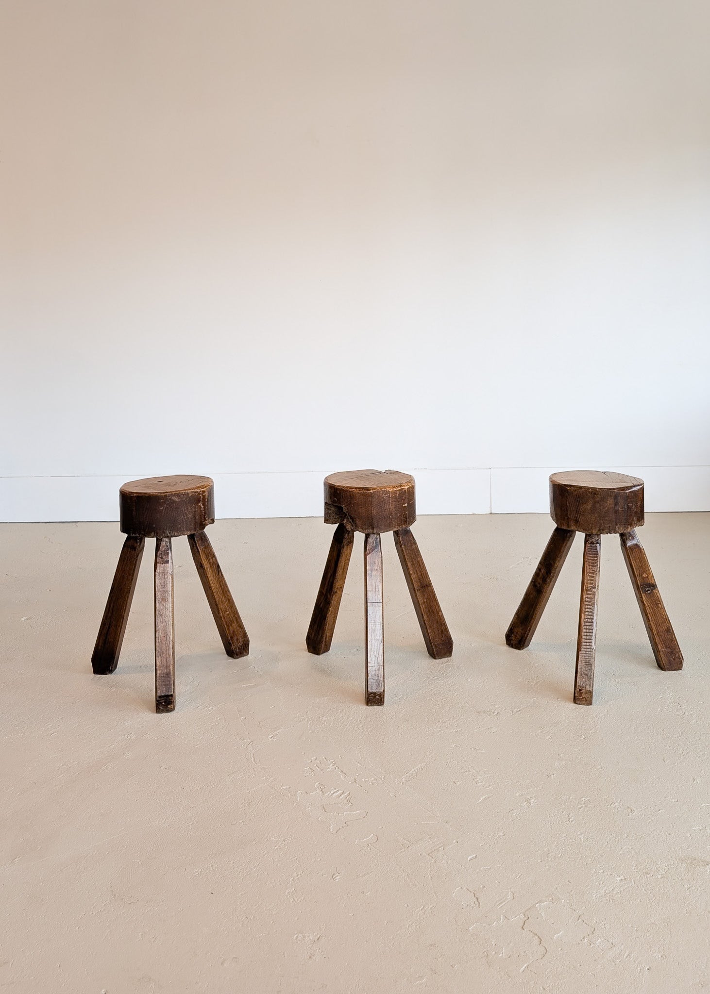 Vintage French Brutalist Three-Legged Chunky Wooden Stool - Sold Individually