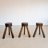 Vintage French Brutalist Three-Legged Chunky Wooden Stool - Sold Individually