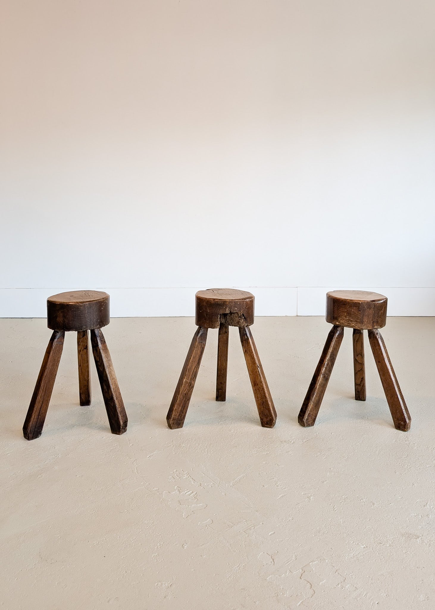 Vintage French Brutalist Three-Legged Chunky Wooden Stool - Sold Individually