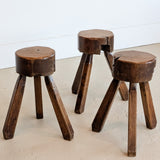 Vintage French Brutalist Three-Legged Chunky Wooden Stool - Sold Individually