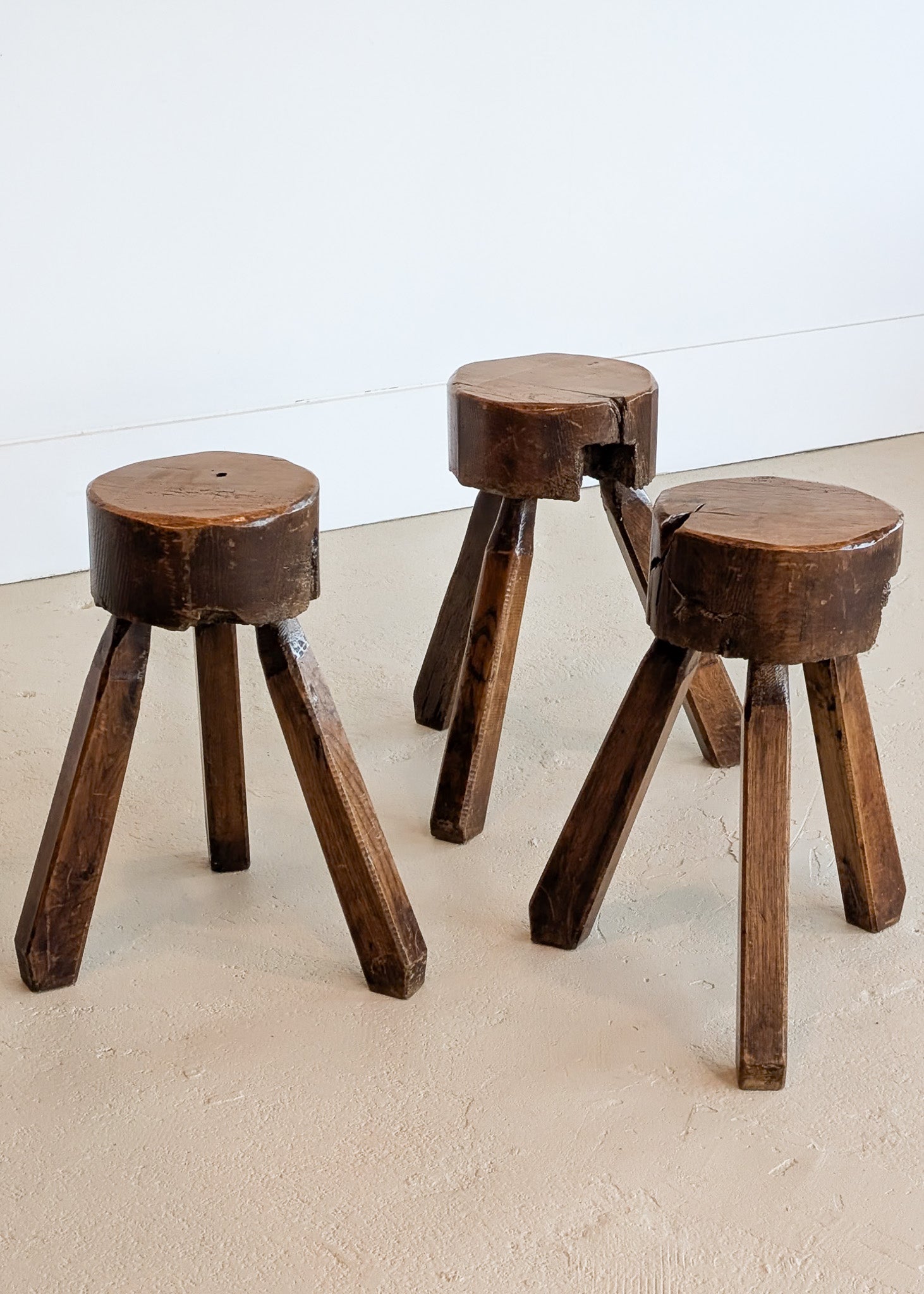 Vintage French Brutalist Three-Legged Chunky Wooden Stool - Sold Individually
