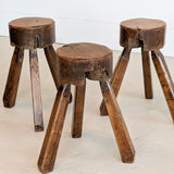 Vintage French Brutalist Three-Legged Chunky Wooden Stool - Sold Individually