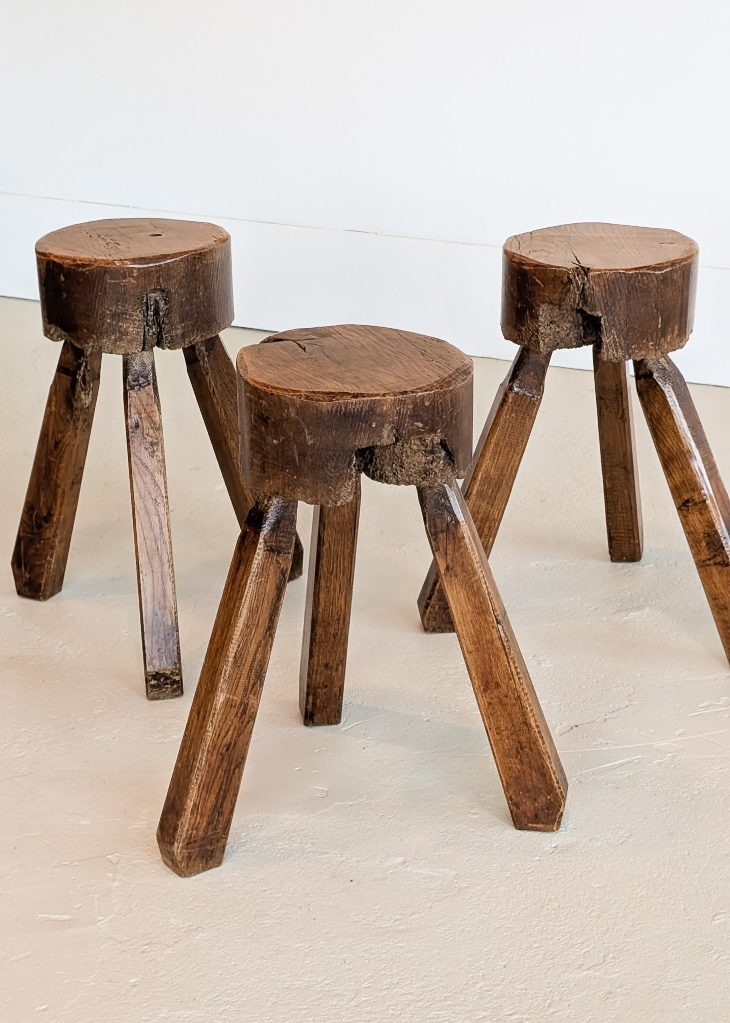 Vintage French Brutalist Three-Legged Chunky Wooden Stool - Sold Individually