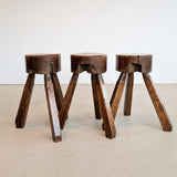 Vintage French Brutalist Three-Legged Chunky Wooden Stool - Sold Individually