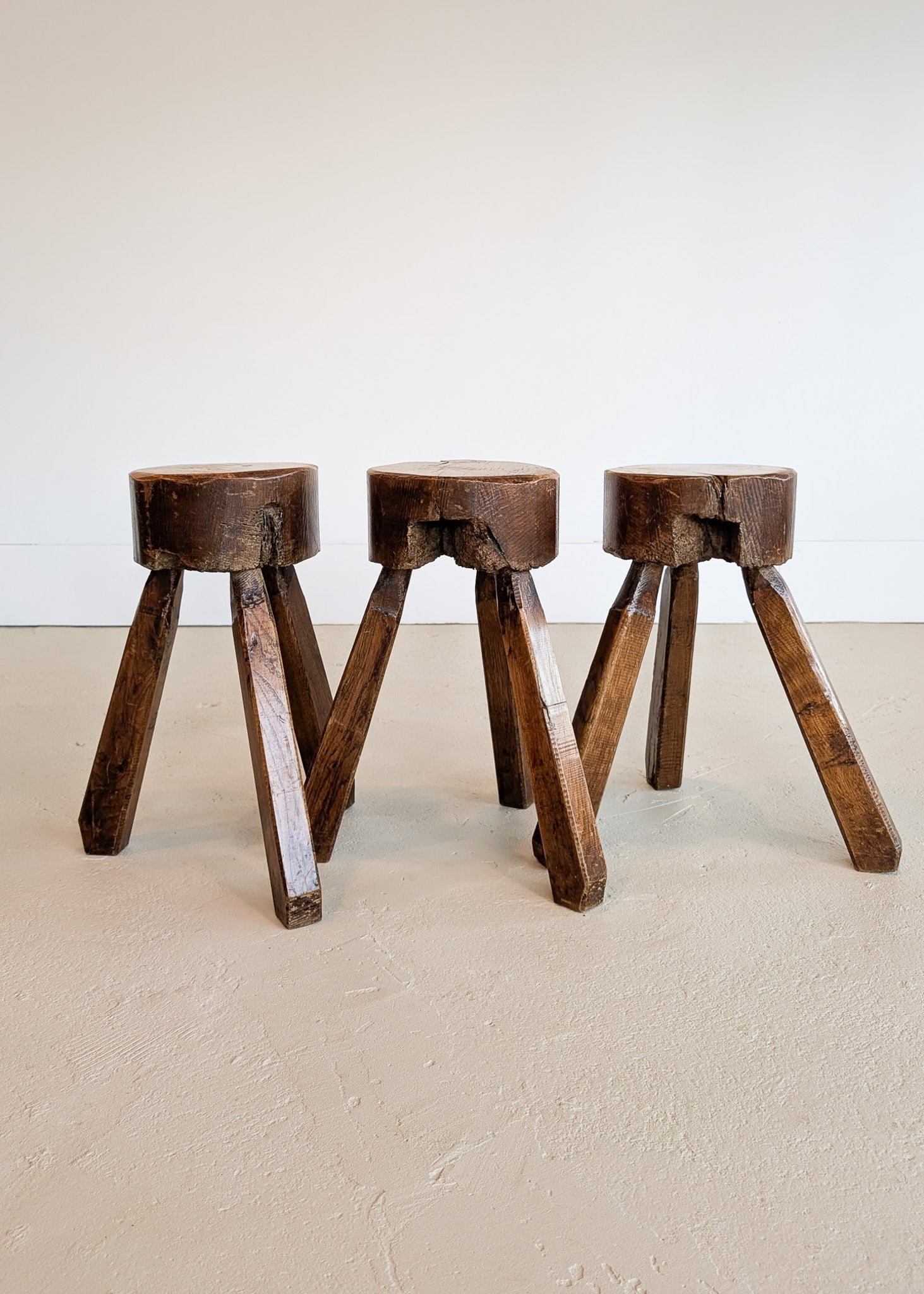 Vintage French Brutalist Three-Legged Chunky Wooden Stool - Sold Individually
