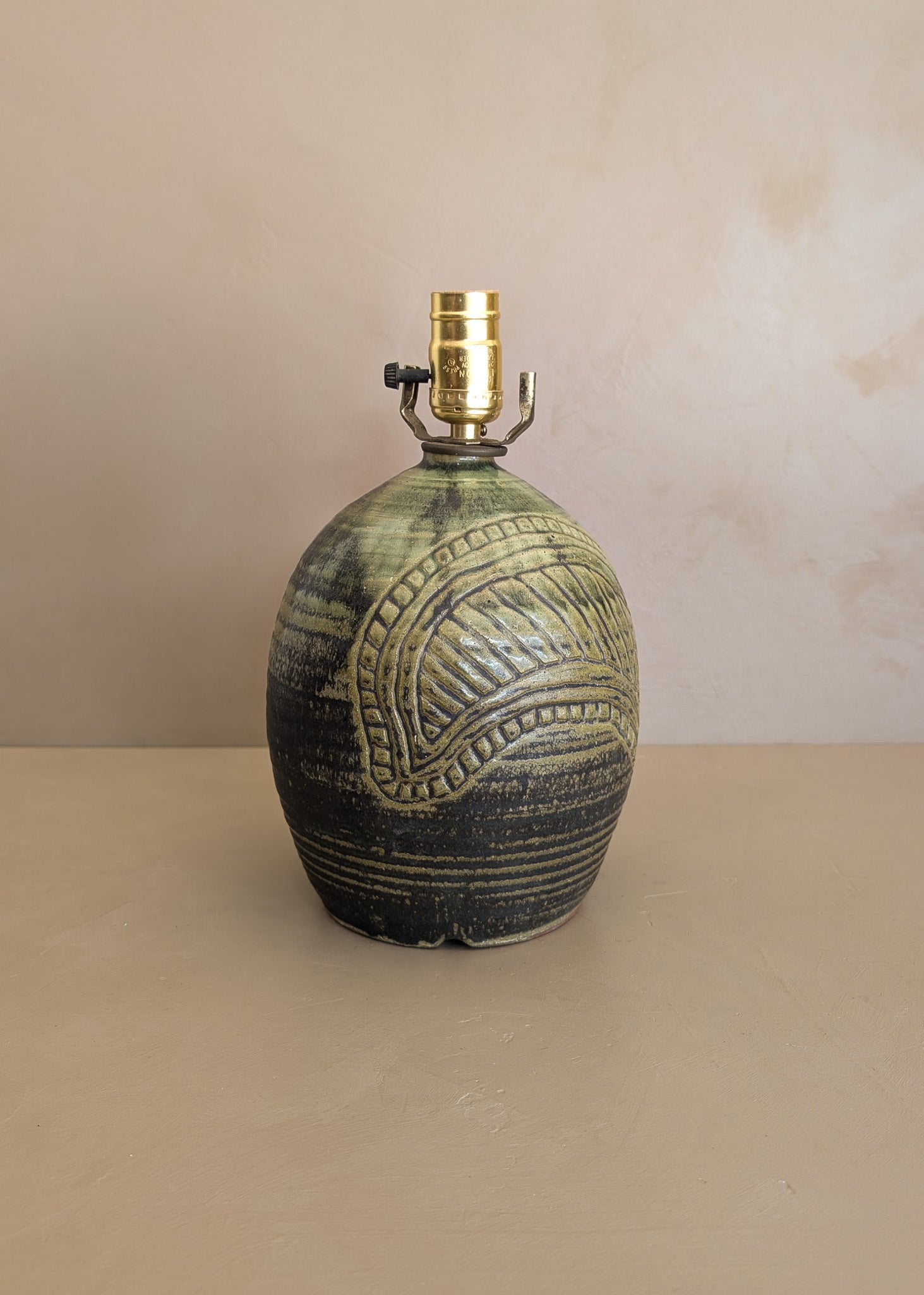 Vintage Green Incised Signed Studio Pottery Lamp