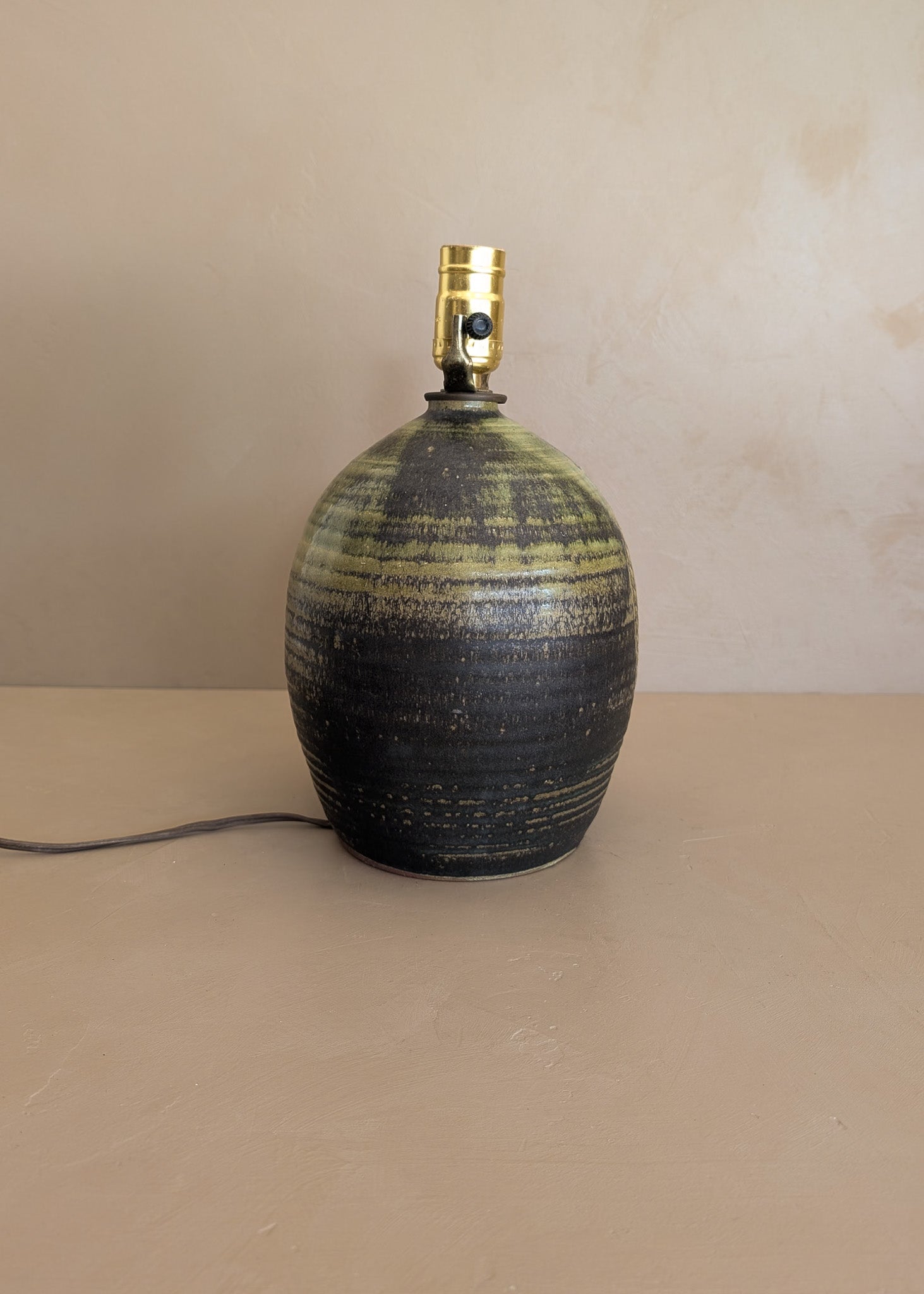 Vintage Green Incised Signed Studio Pottery Lamp