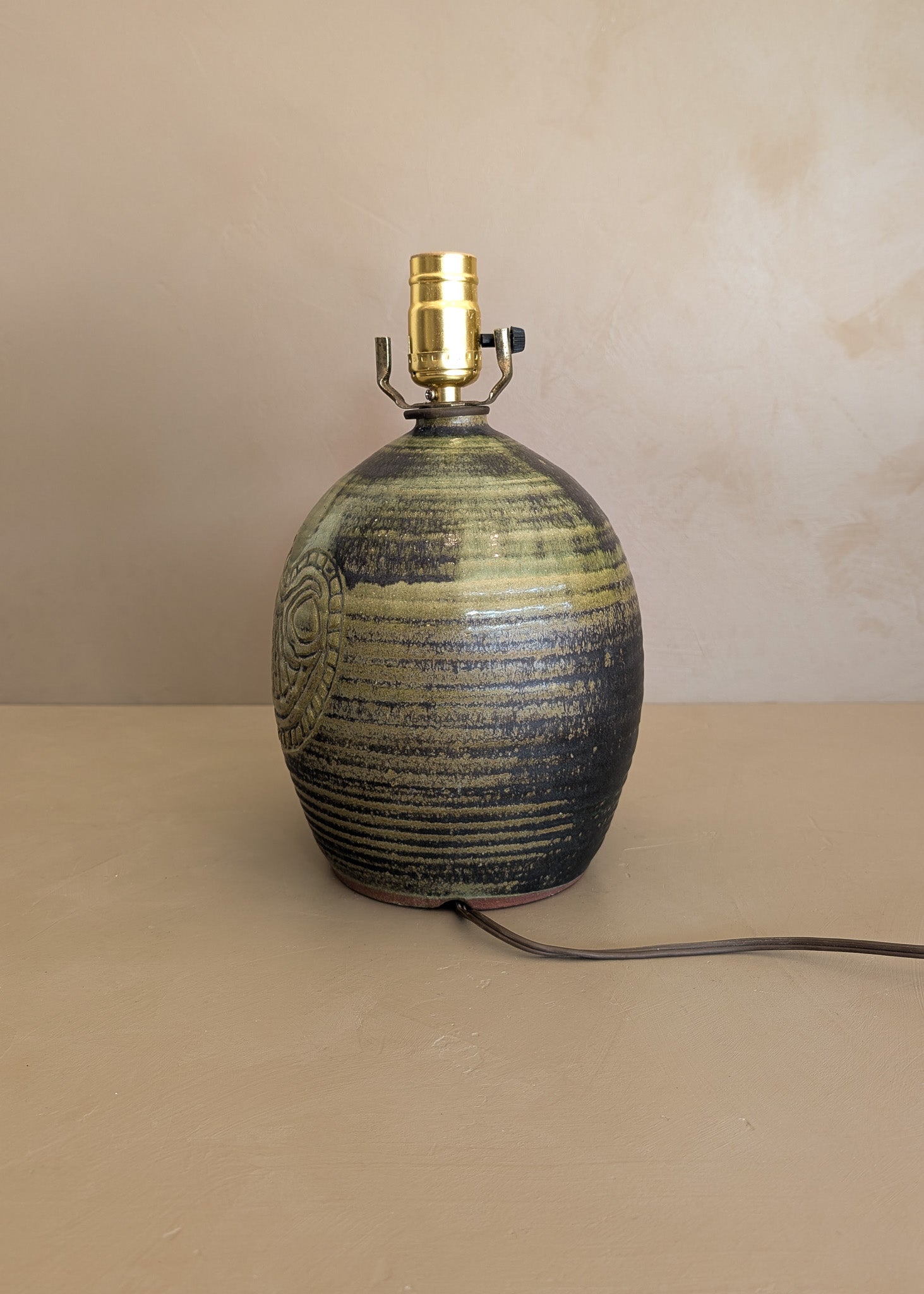 Vintage Green Incised Signed Studio Pottery Lamp