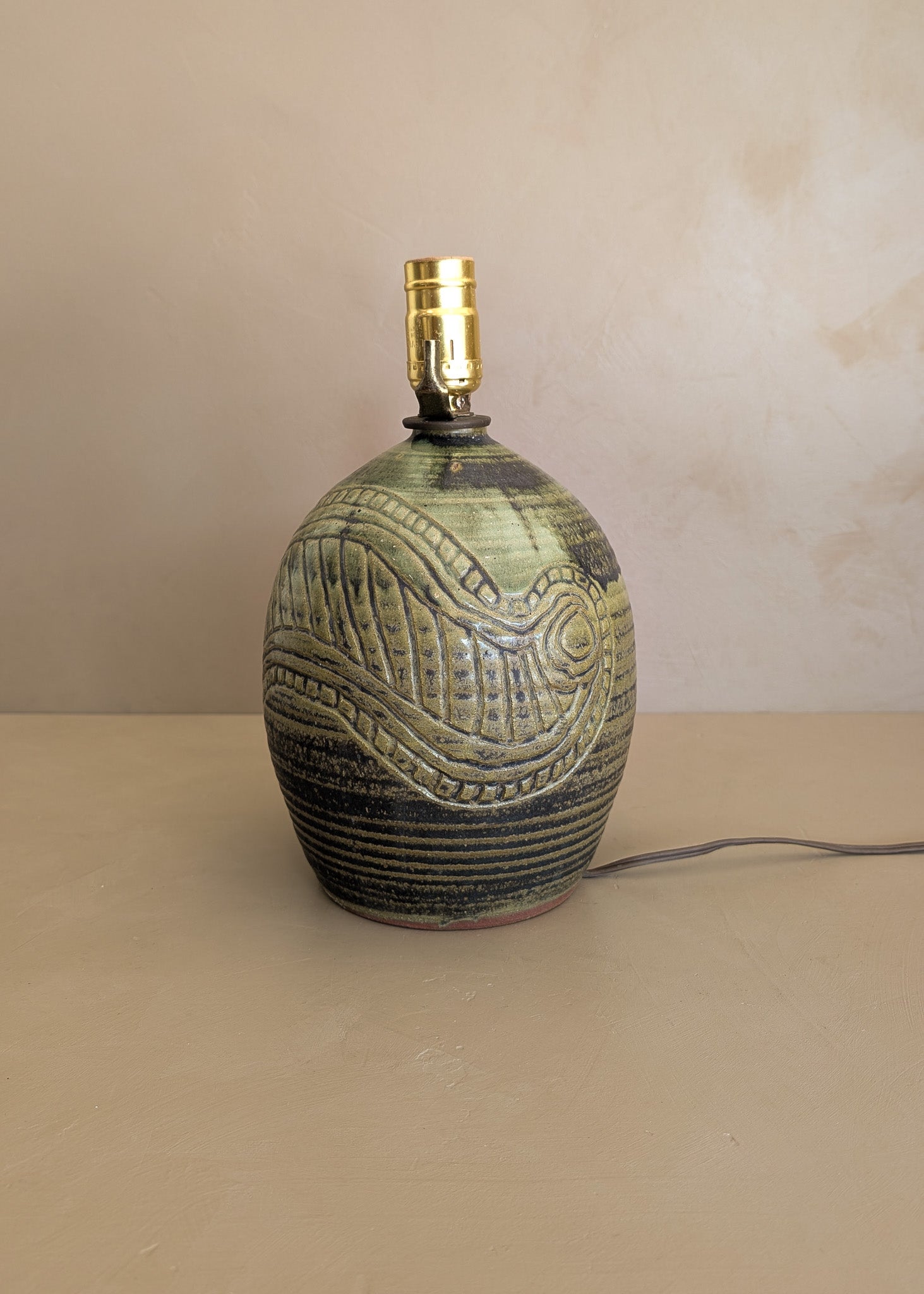 Vintage Green Incised Signed Studio Pottery Lamp