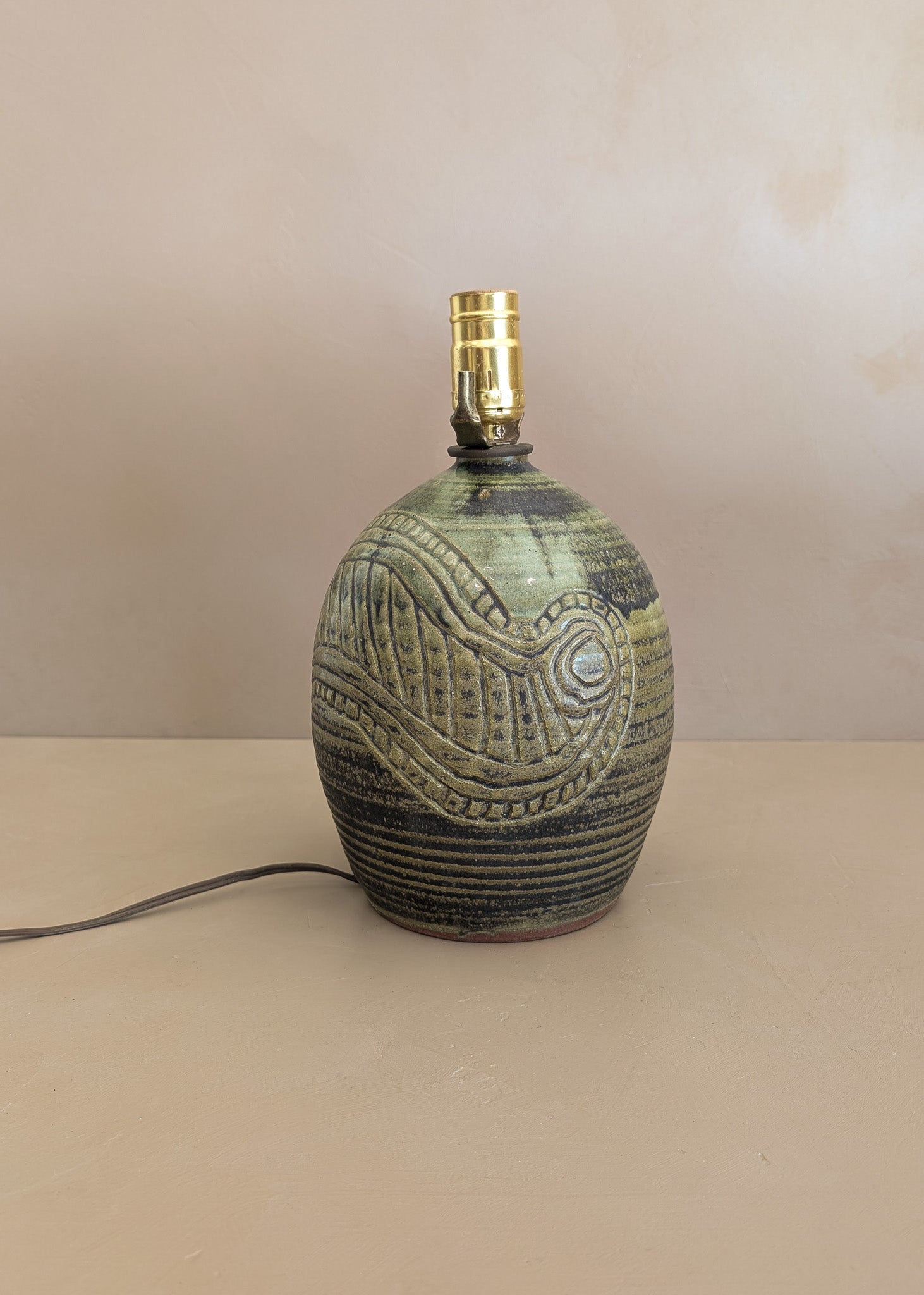 Vintage Green Incised Signed Studio Pottery Lamp
